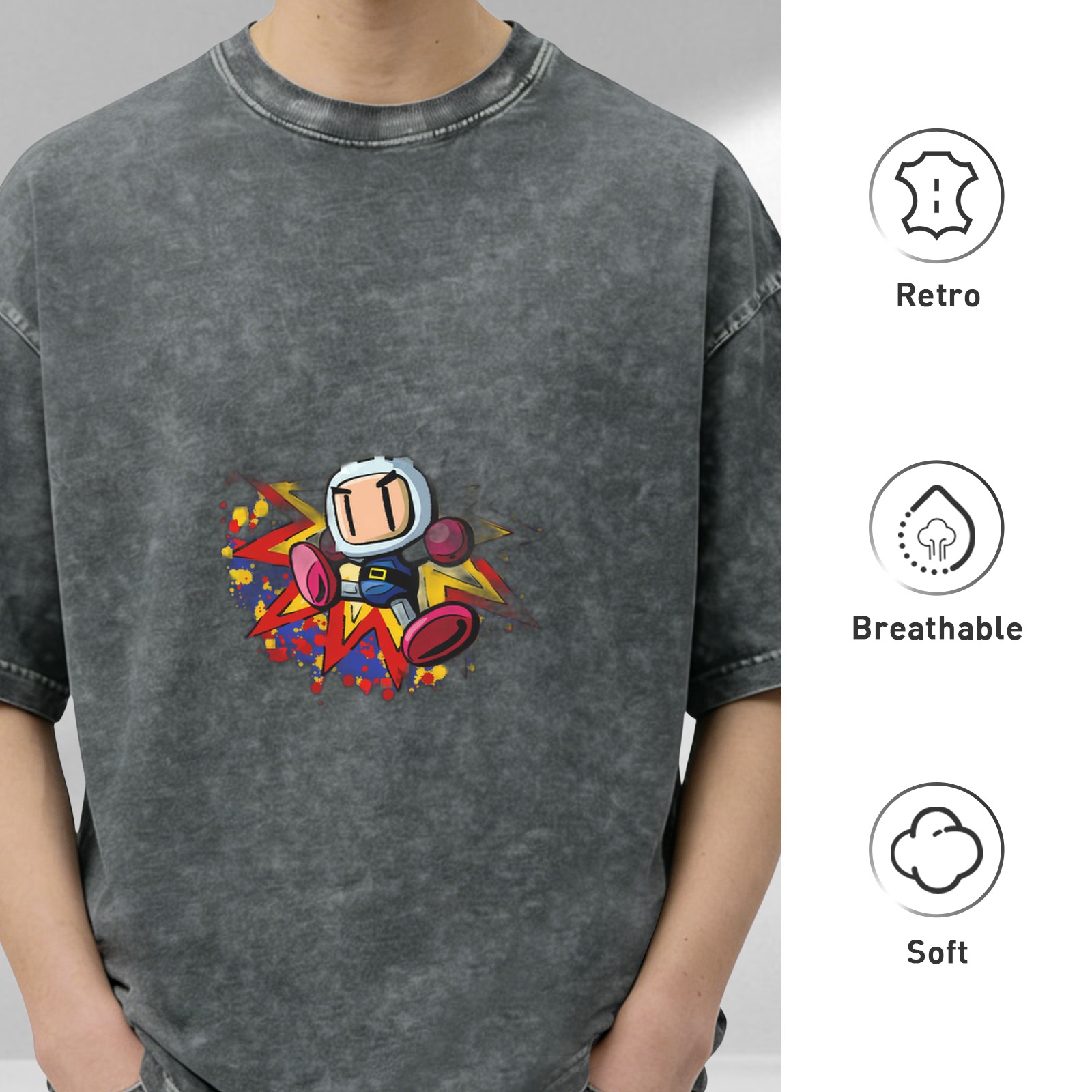 Oversized Acid Wash T-Shirt with Retro Bomberman Graphic Print