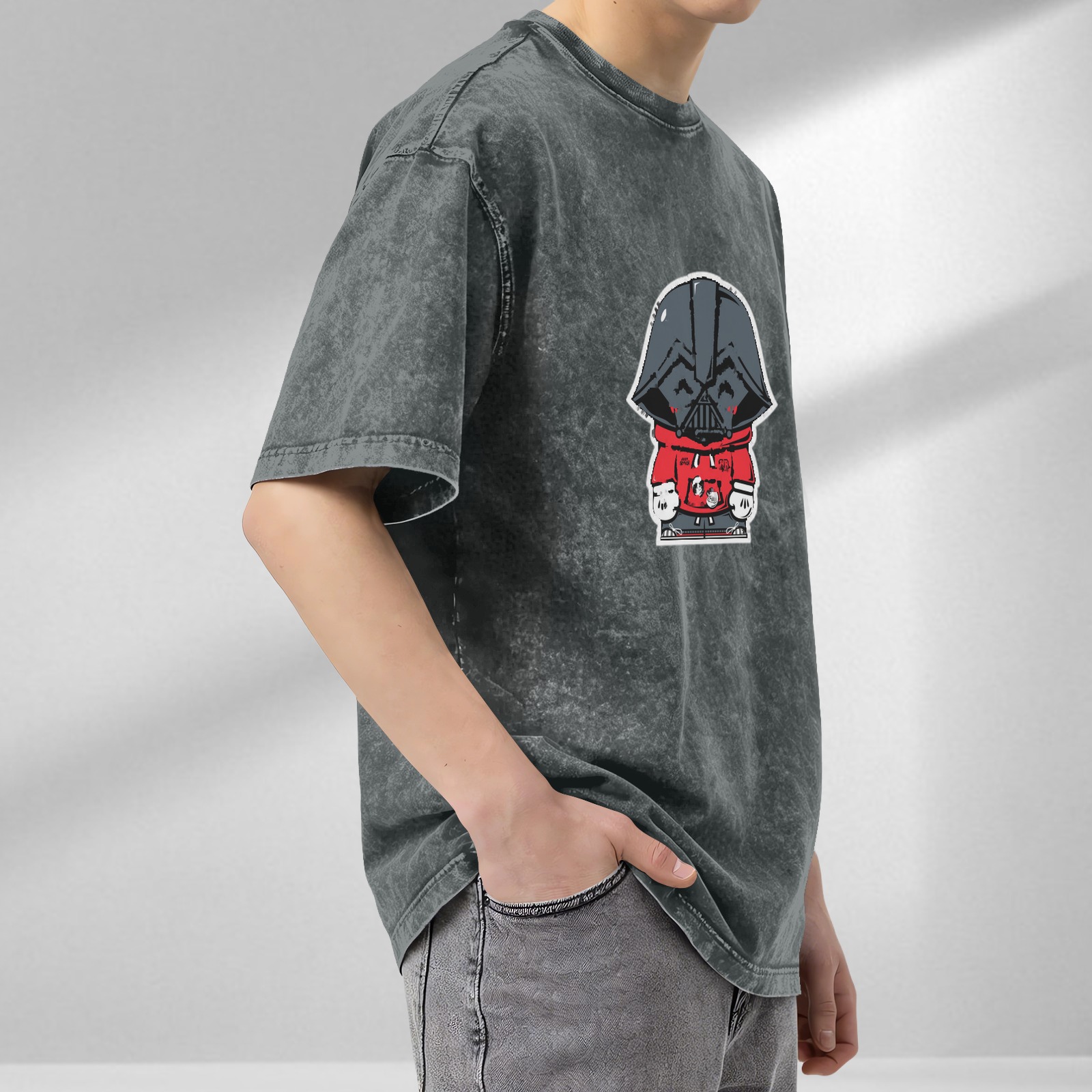 Oversized Dark Wash T-Shirt with Cute Darth Vader Hoodie Print