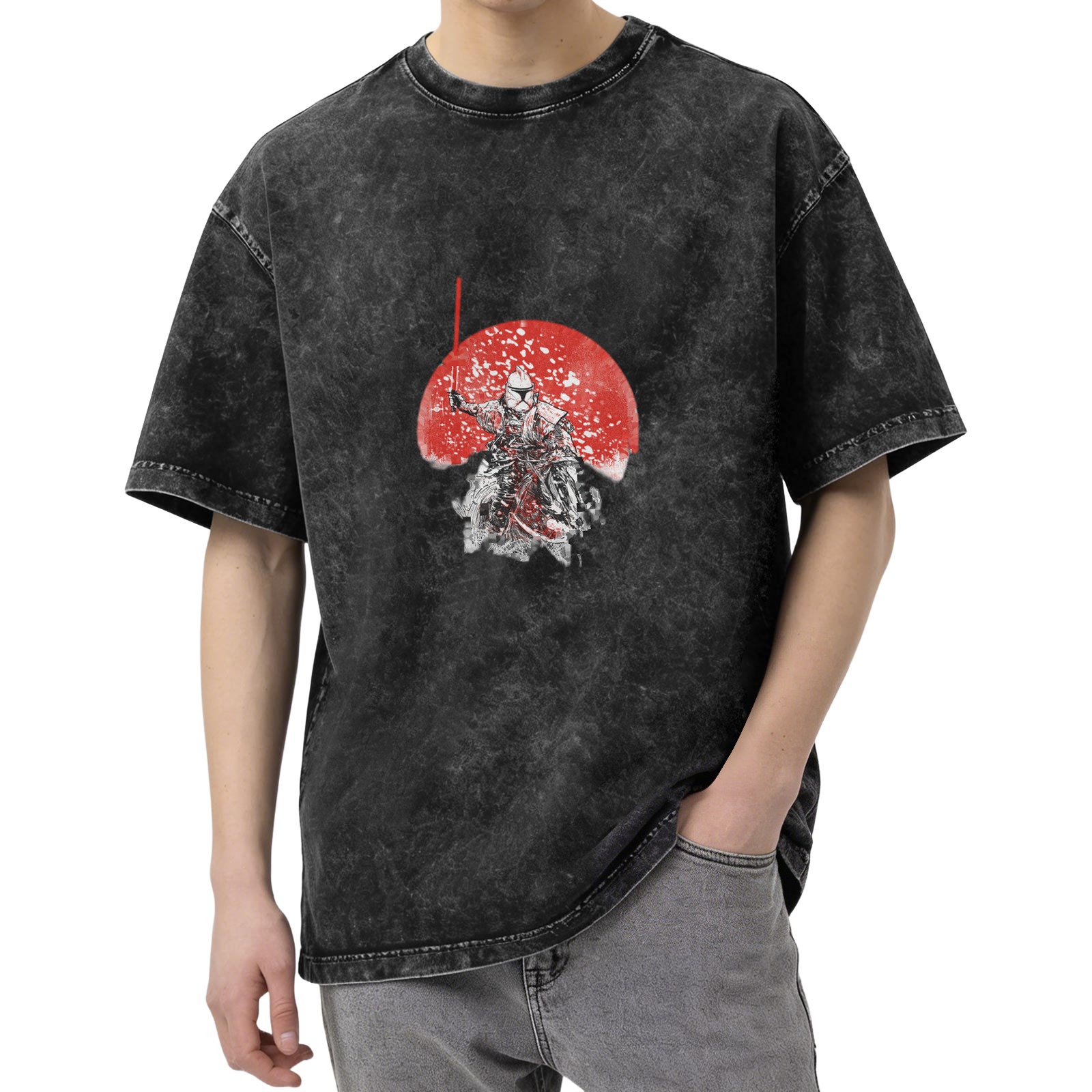 Washed black graphic t-shirt with samurai stormtrooper and red sun design
