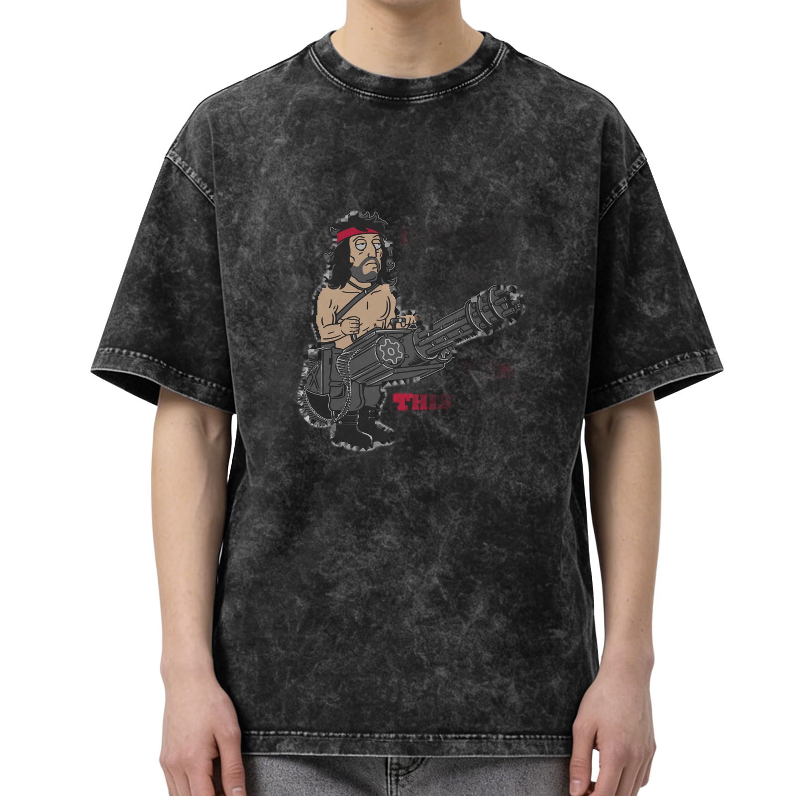Washed Black Oversized T-Shirt With Cartoon Rambo Minigun Graphic