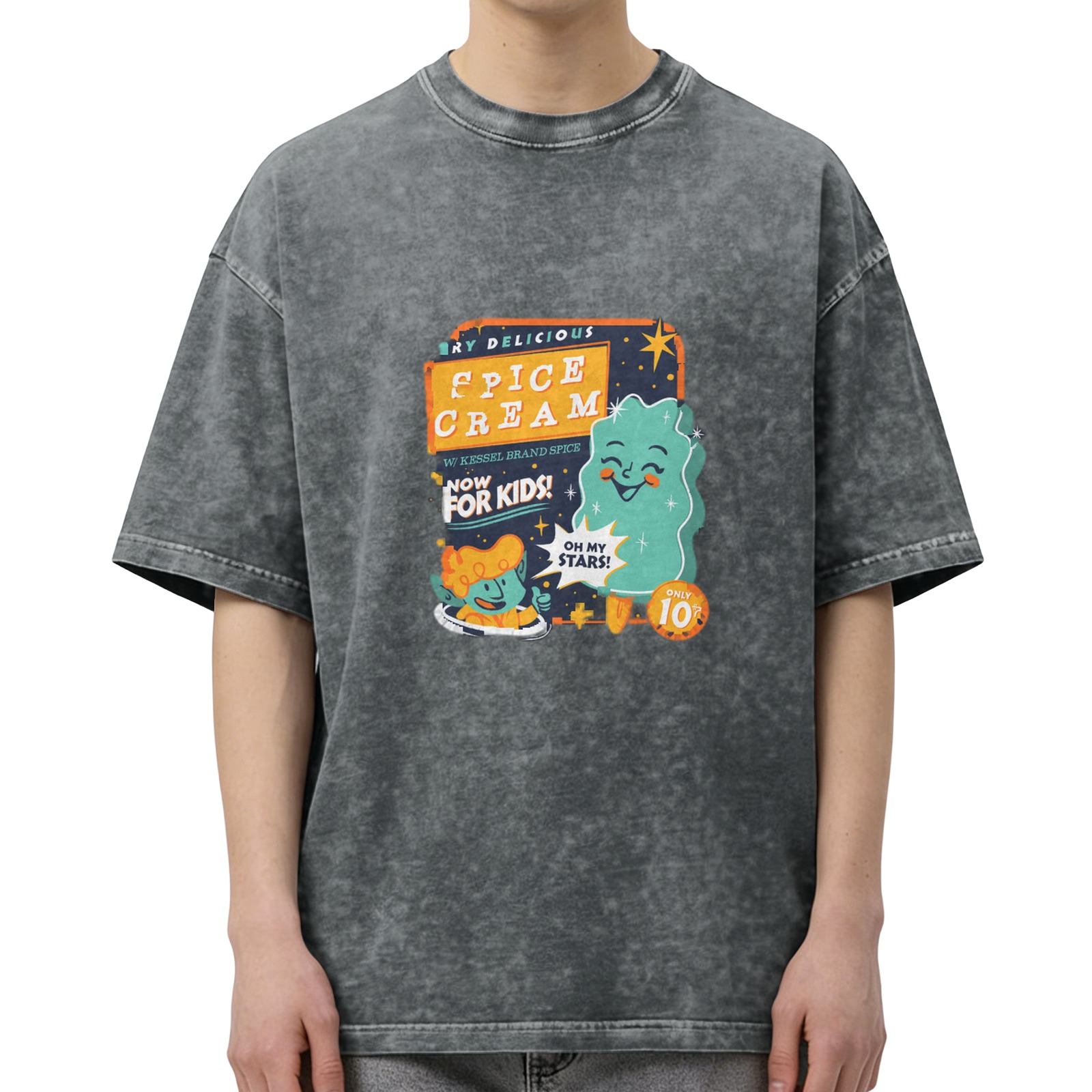 acid wash black t-shirt with retro space spice cream kids graphic
