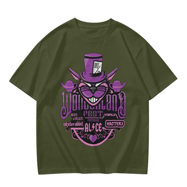 Olive T-Shirt with Wonderland Cheshire Cat Mad Hatter Print