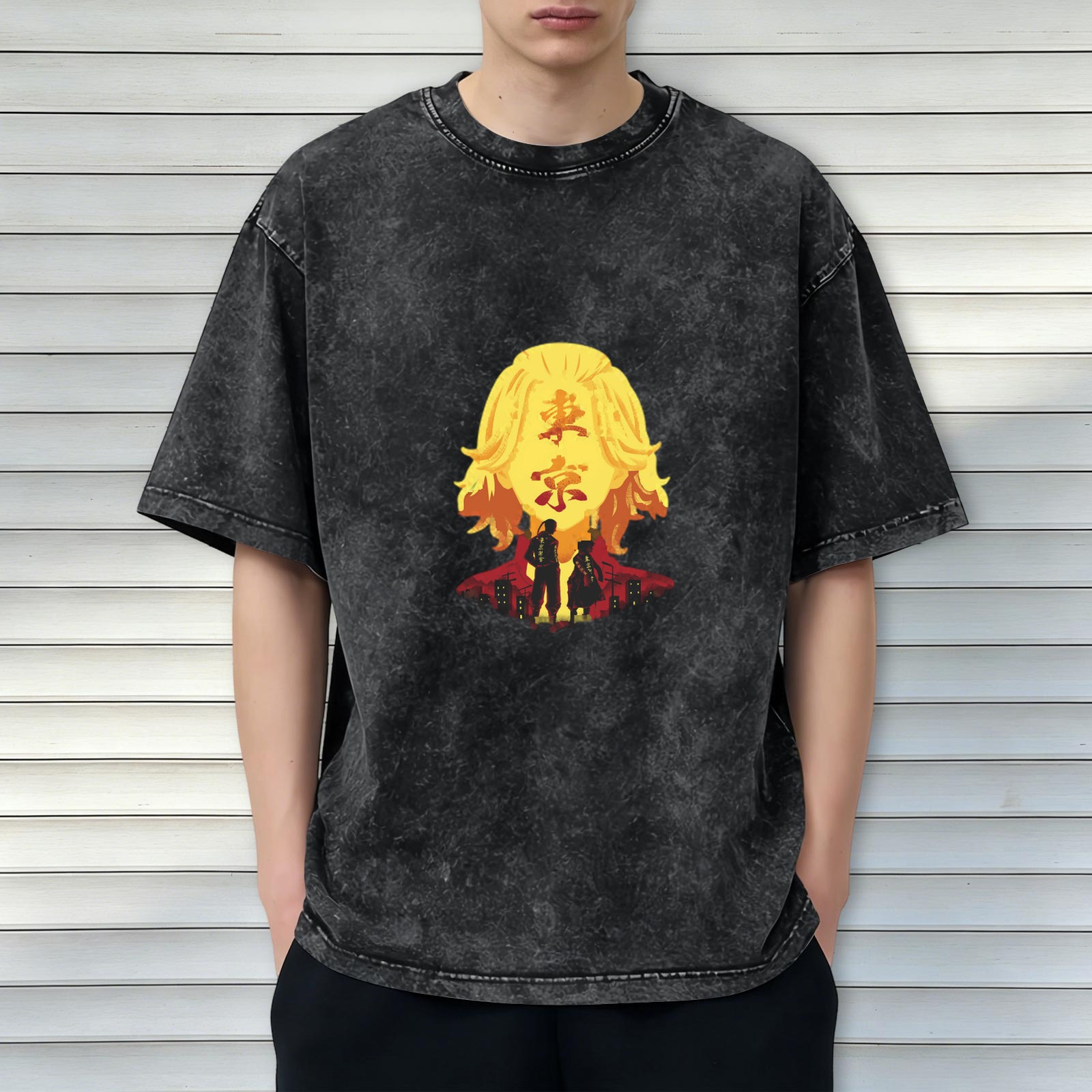Tokyo Avengers anime theme washed distressed black loose short-sleeved T-shirt