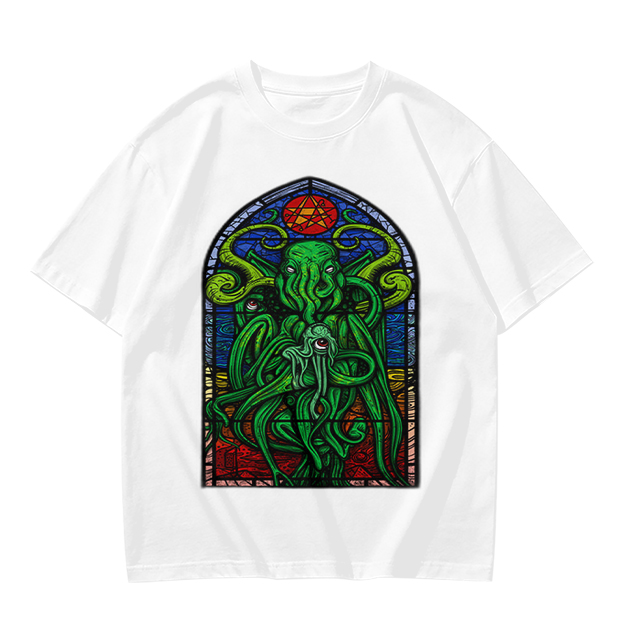 Olive T-Shirt with Cthulhu Stained Glass Style Graphic