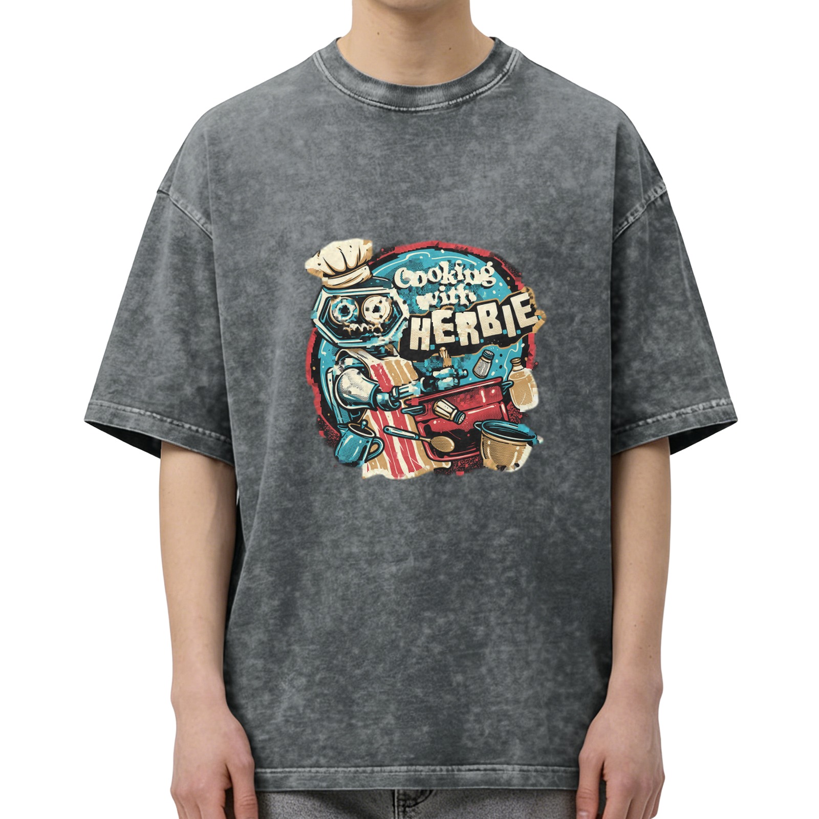 Oversized Washed Black T-Shirt with Cooking Robot Graphic