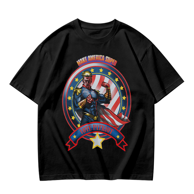 Olive t-shirt with patriotic superhero 'Make America Super' graphic