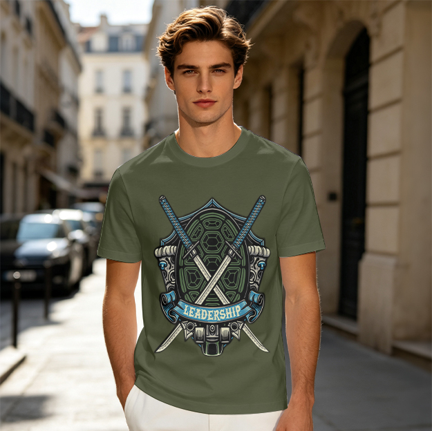Olive T-Shirt with Ninja Turtle Leadership Katana Crest Print