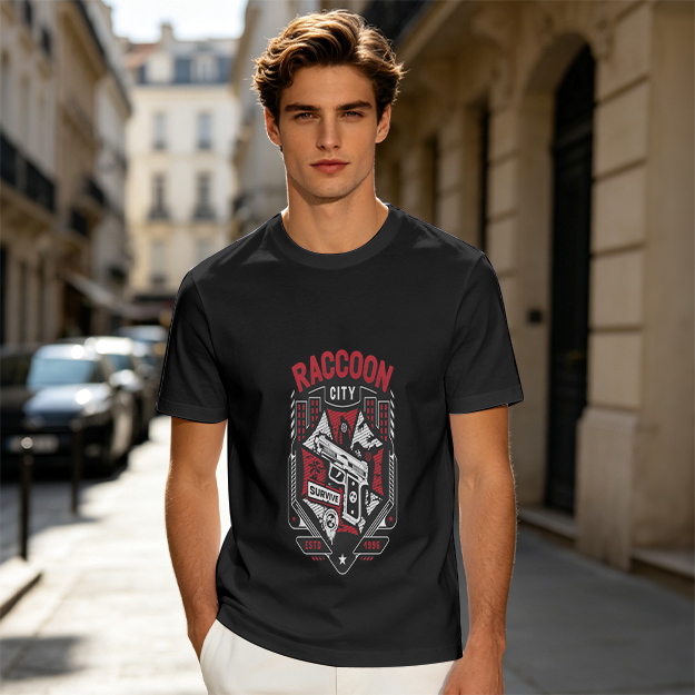 Olive T-Shirt With Raccoon City Gun Graphic Print