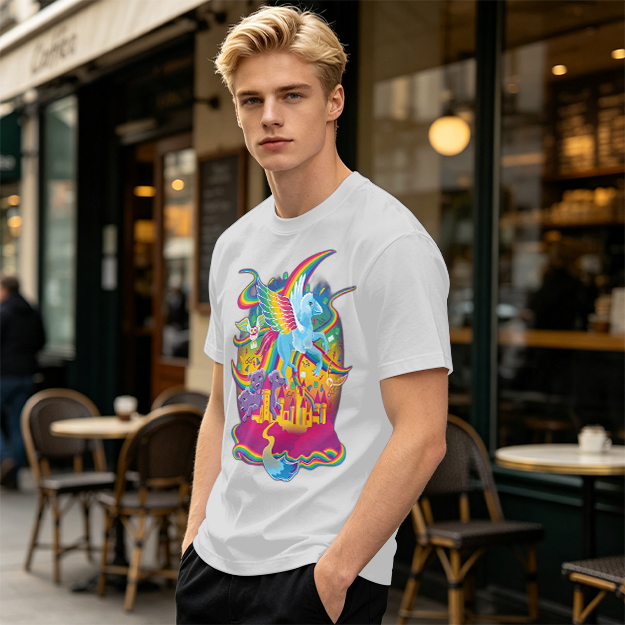 Olive T-Shirt With Whimsical Rainbow Fantasy Creature Castle Art