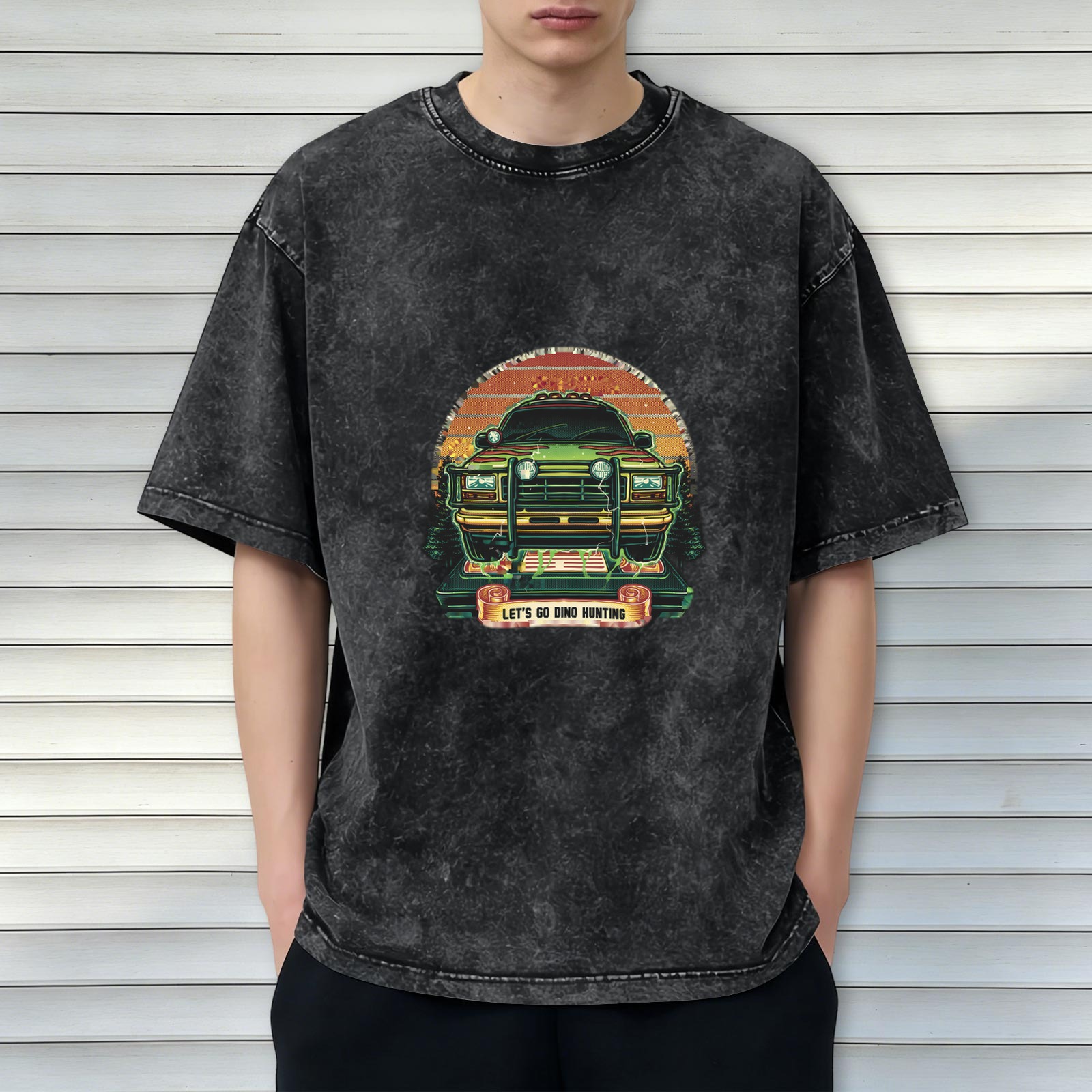 Washed Black T-Shirt with Let's Go Dino Hunting Jurassic Park Style Graphic