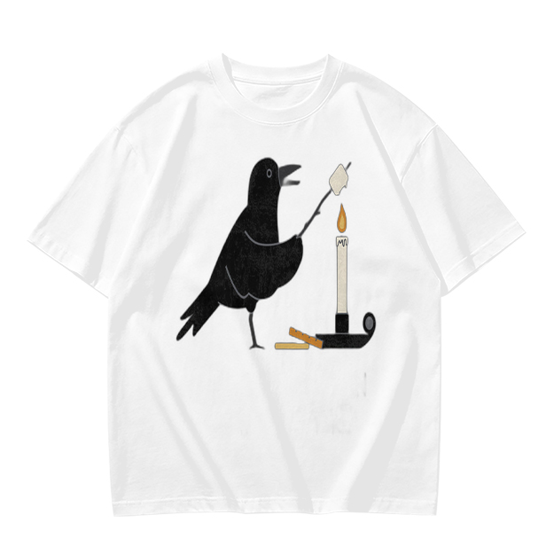 Olive T-Shirt With Crow Roasting Marshmallow Over Candle Print