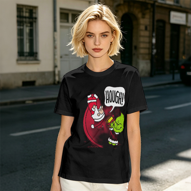 Olive Christmas T-Shirt With Grinch Lifting Santa Claus Print