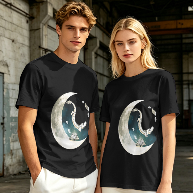Olive T-shirt with Crescent Moon Galaxy Astronaut Graphic