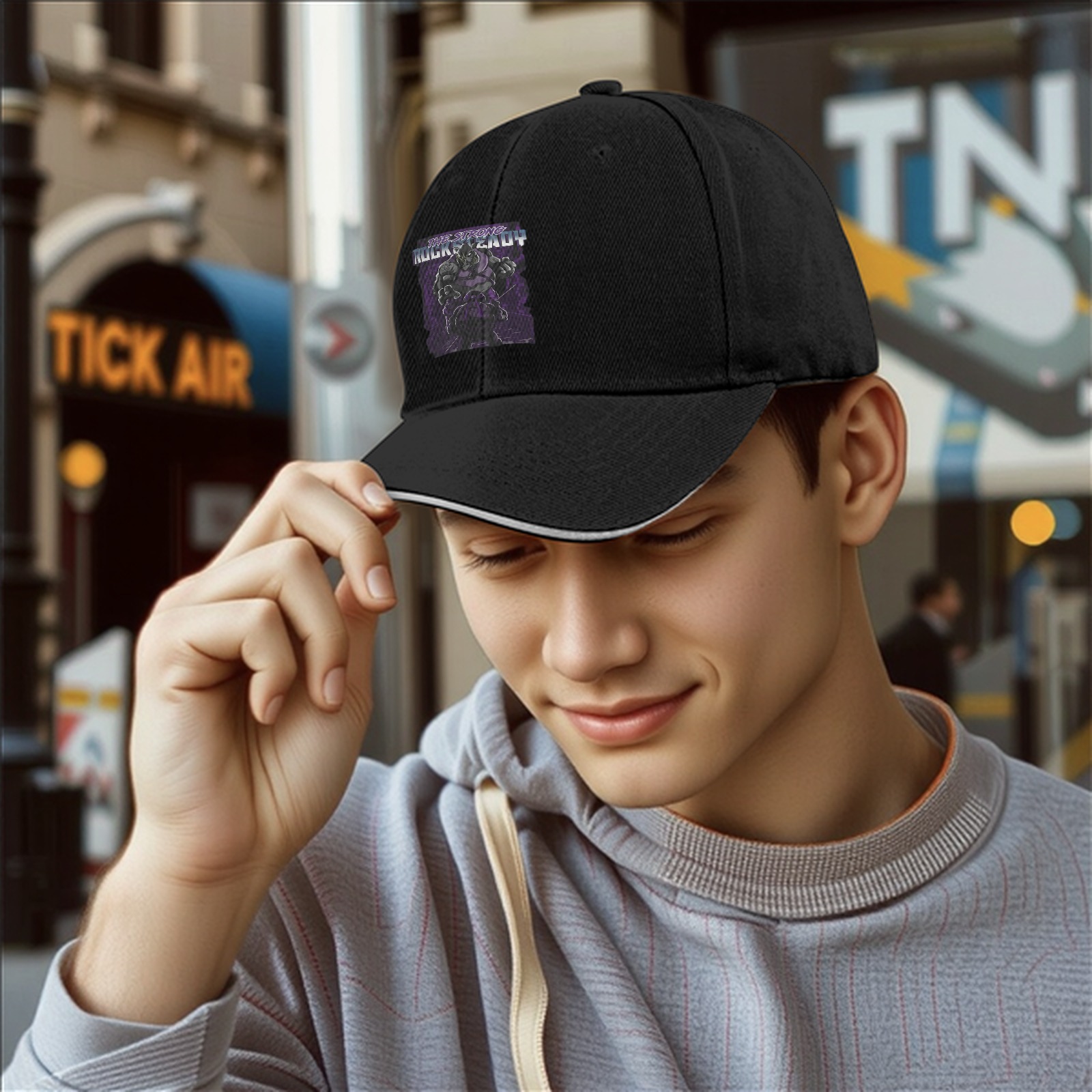 Black baseball cap with Rocksteady graphic print