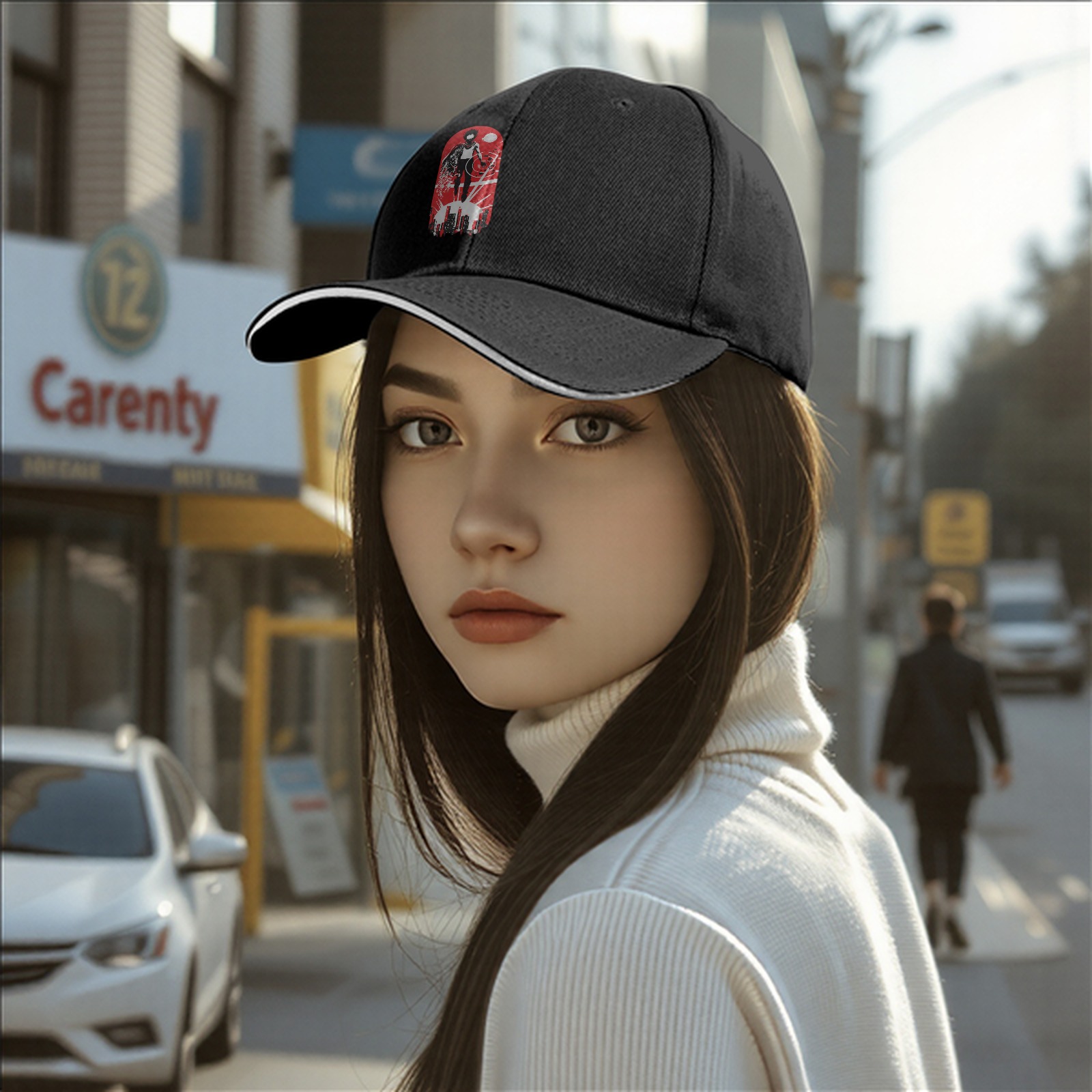 Black Baseball Cap with Superhero Cityscape Graphic Print