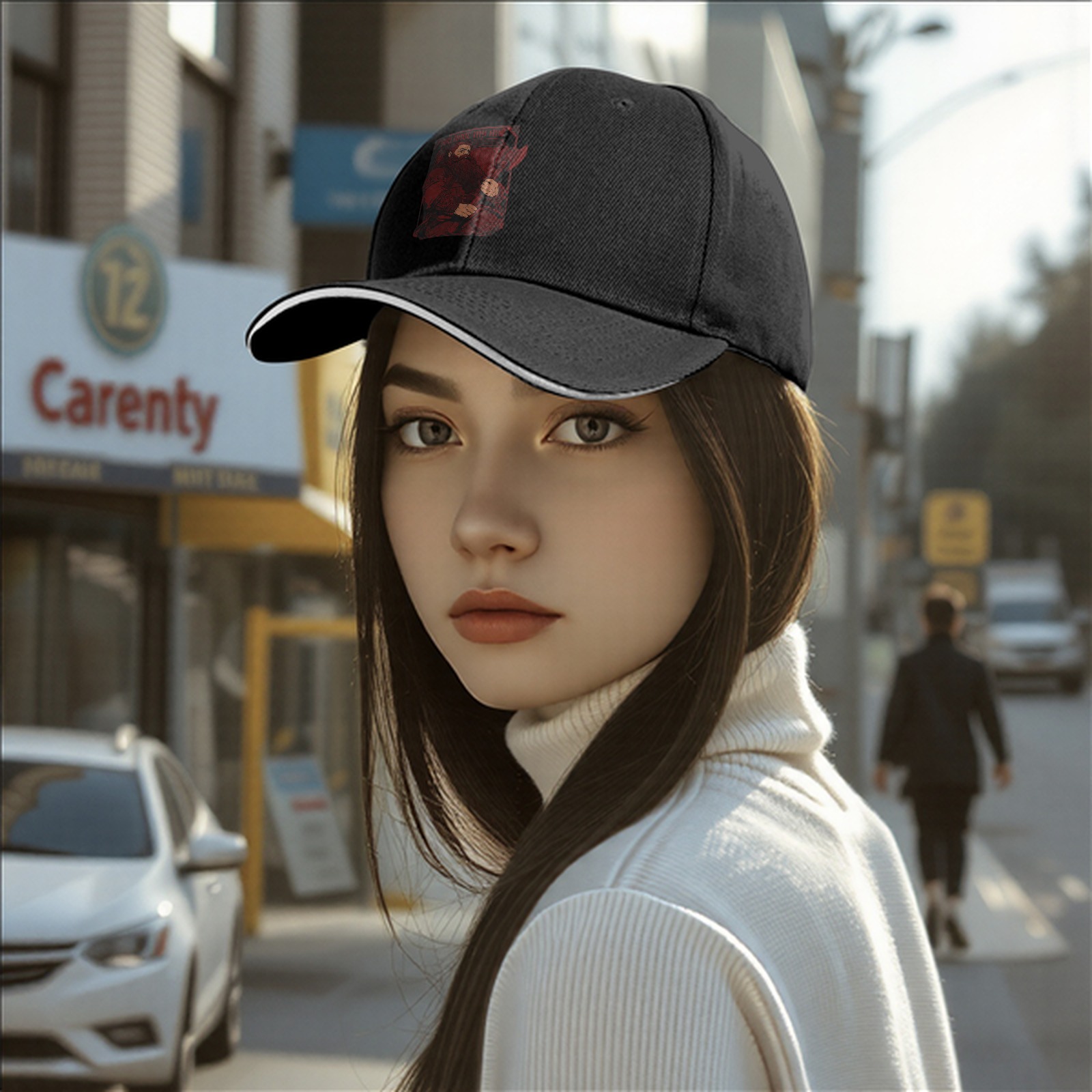 Black Baseball Cap With Red Bearded Figure Graphic Print
