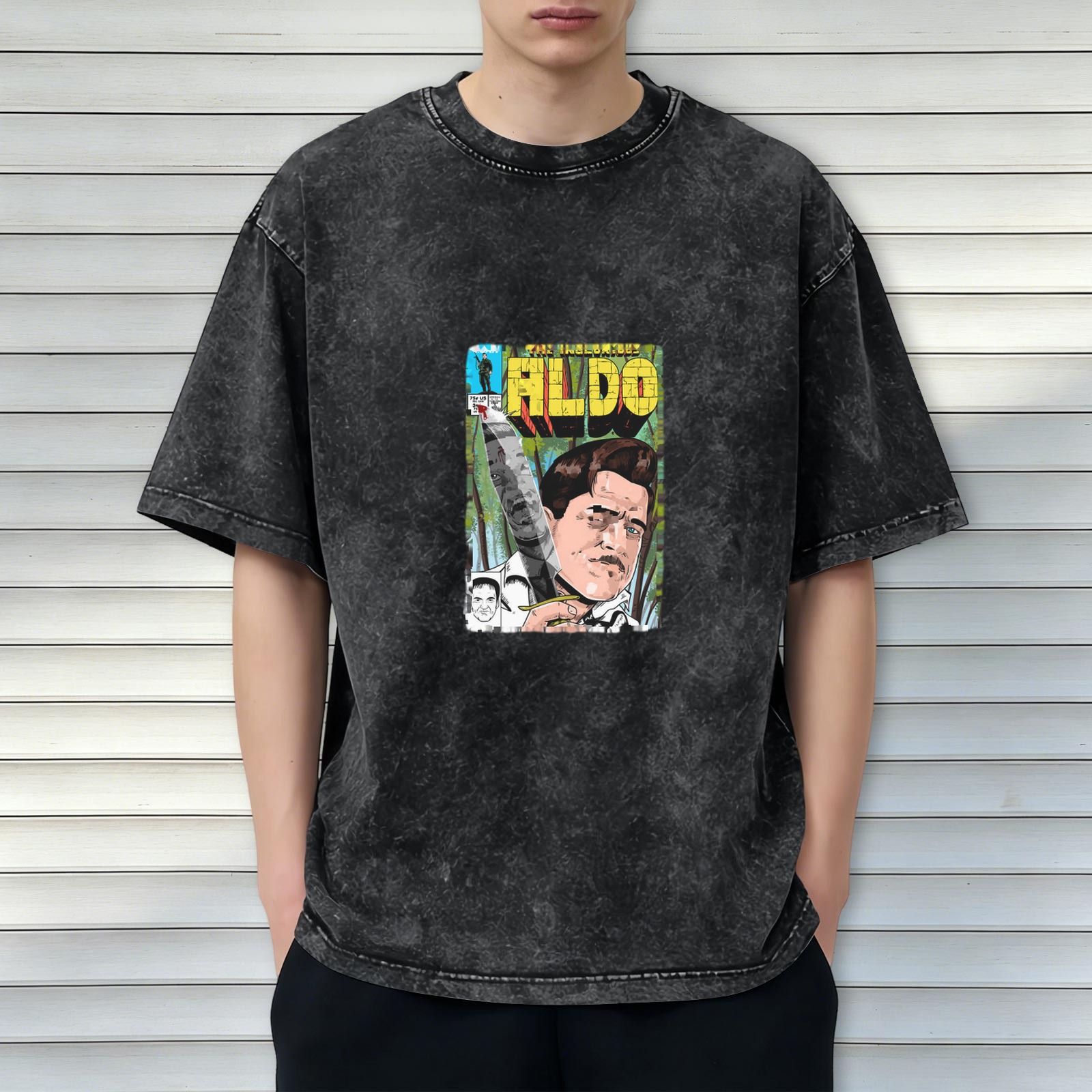 Washed Black T-Shirt with Aldo Comic Book Style Graphic Print
