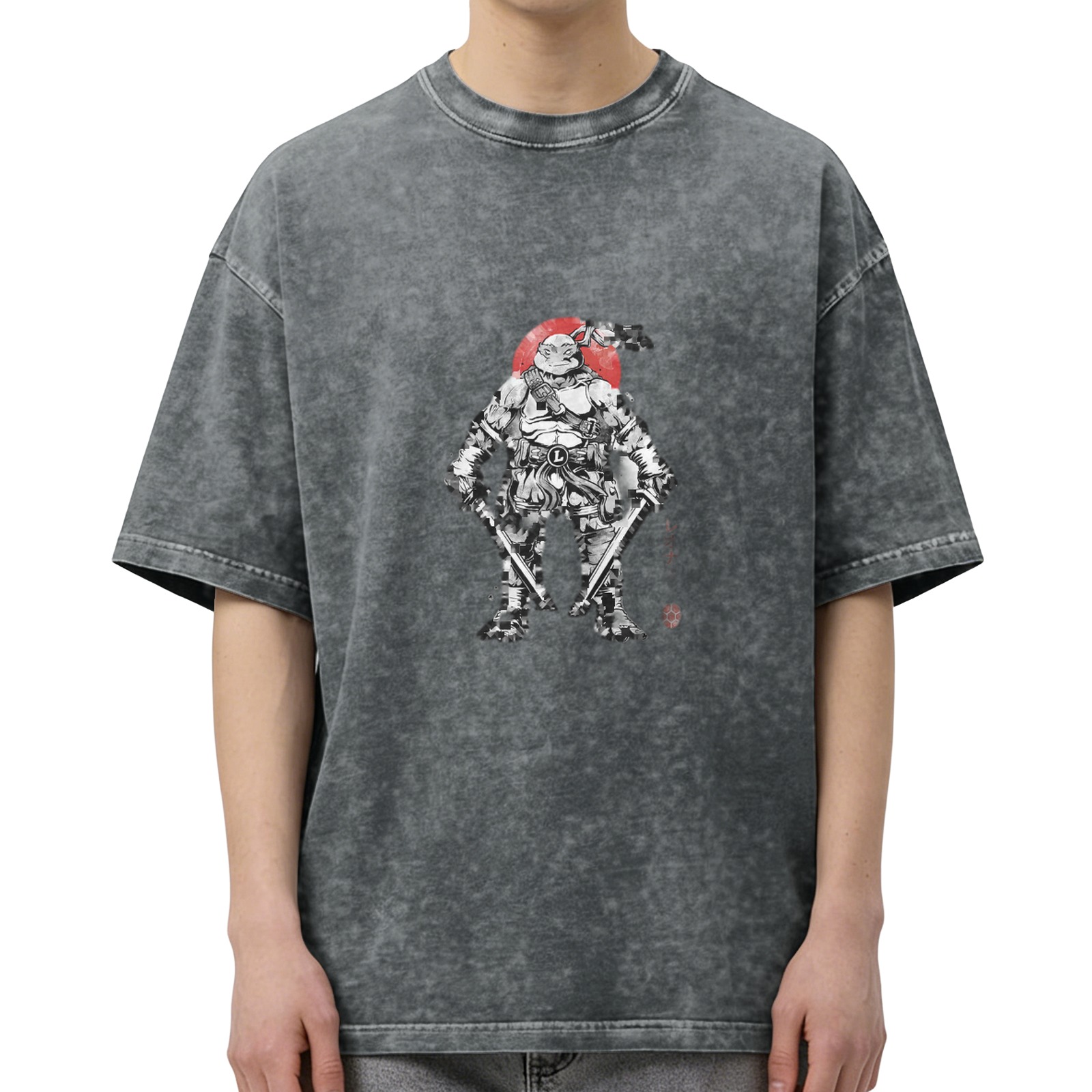 Oversized Stonewashed T-Shirt With Ninja Turtle Warrior Graphic