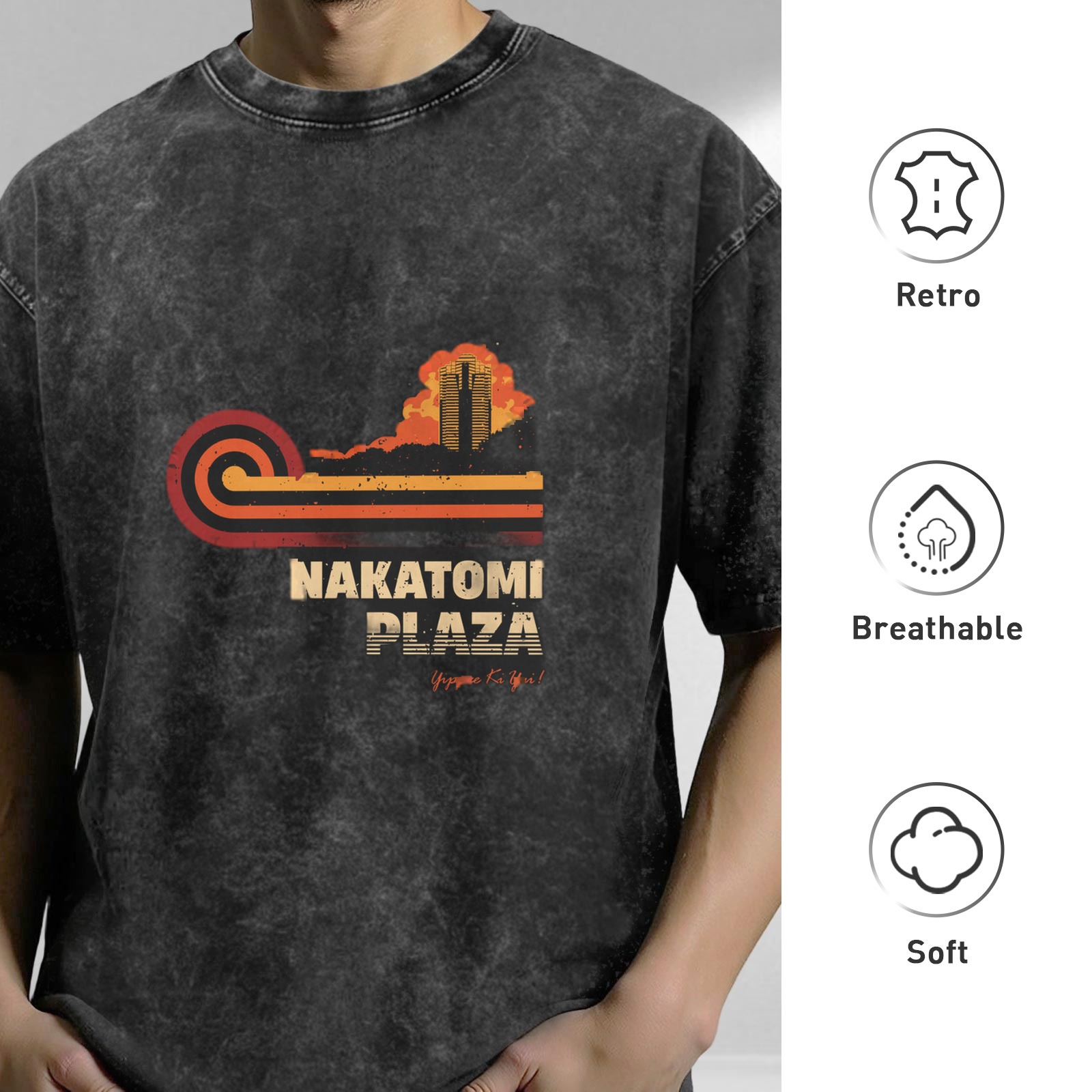 Nakatomi Plaza retro printed distressed washed black loose short-sleeved T-shirt