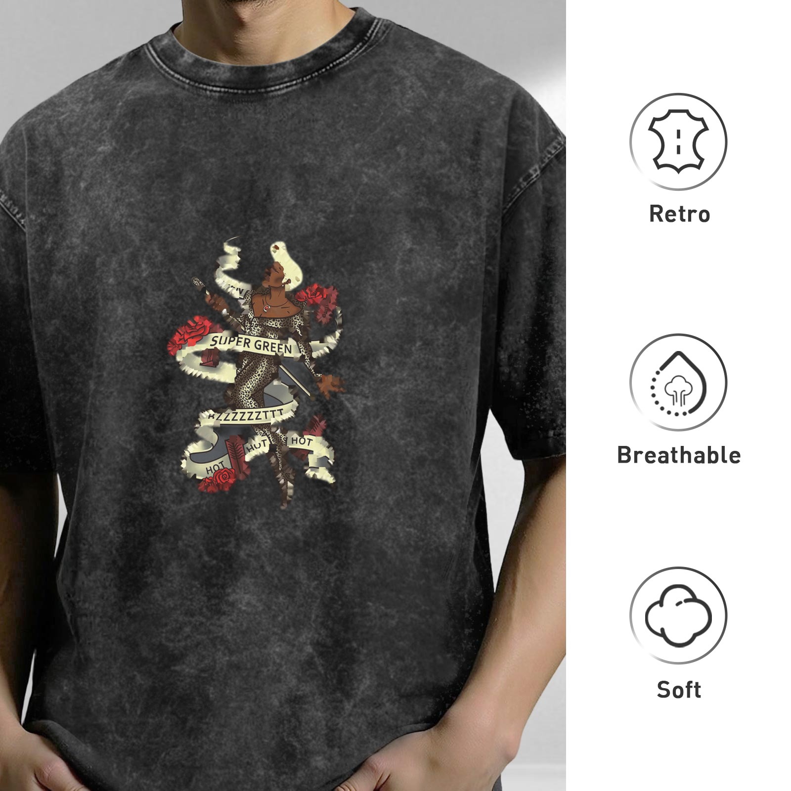 Oversized Black Acid Wash T-Shirt With Vintage Tattoo Style Graphic