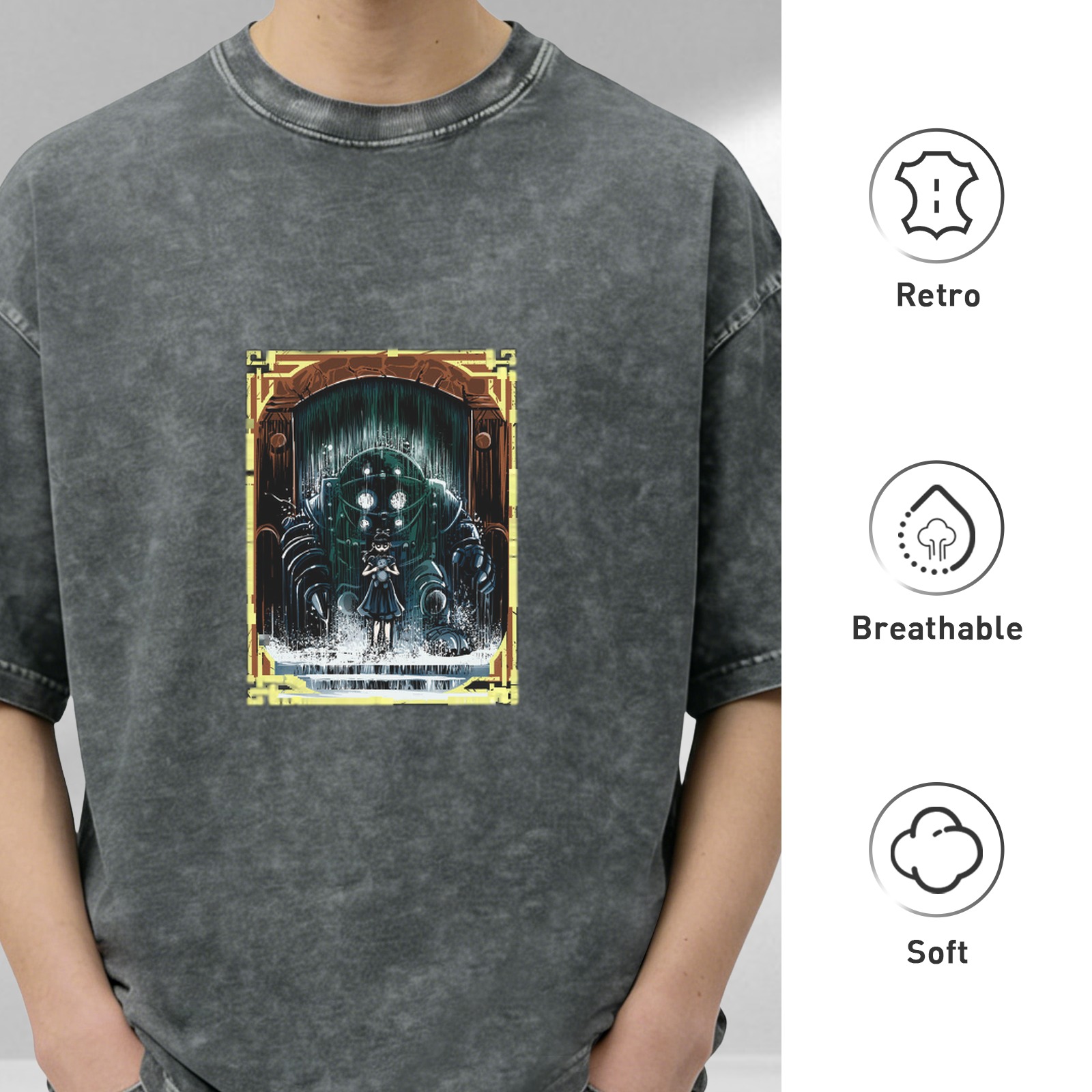 Retro washed black loose short-sleeved T-shirt with BioShock theme print