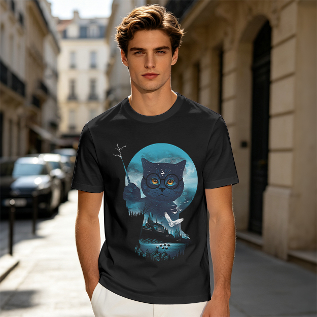 Olive T-shirt with Harry Potter themed wizard cat graphic