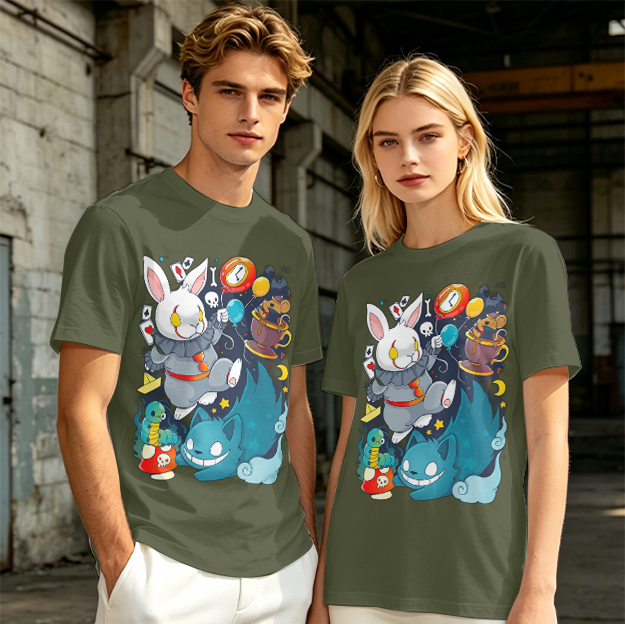 Alice in Wonderland Themed Graphic T-Shirt with Whimsical Characters
