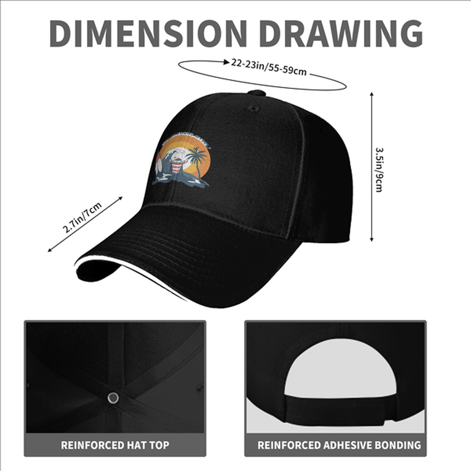 Black baseball cap with retro tropical surf wave graphic