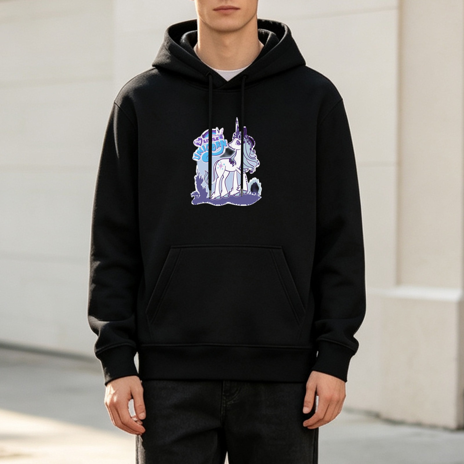 Black hoodie with unicorn graphic print