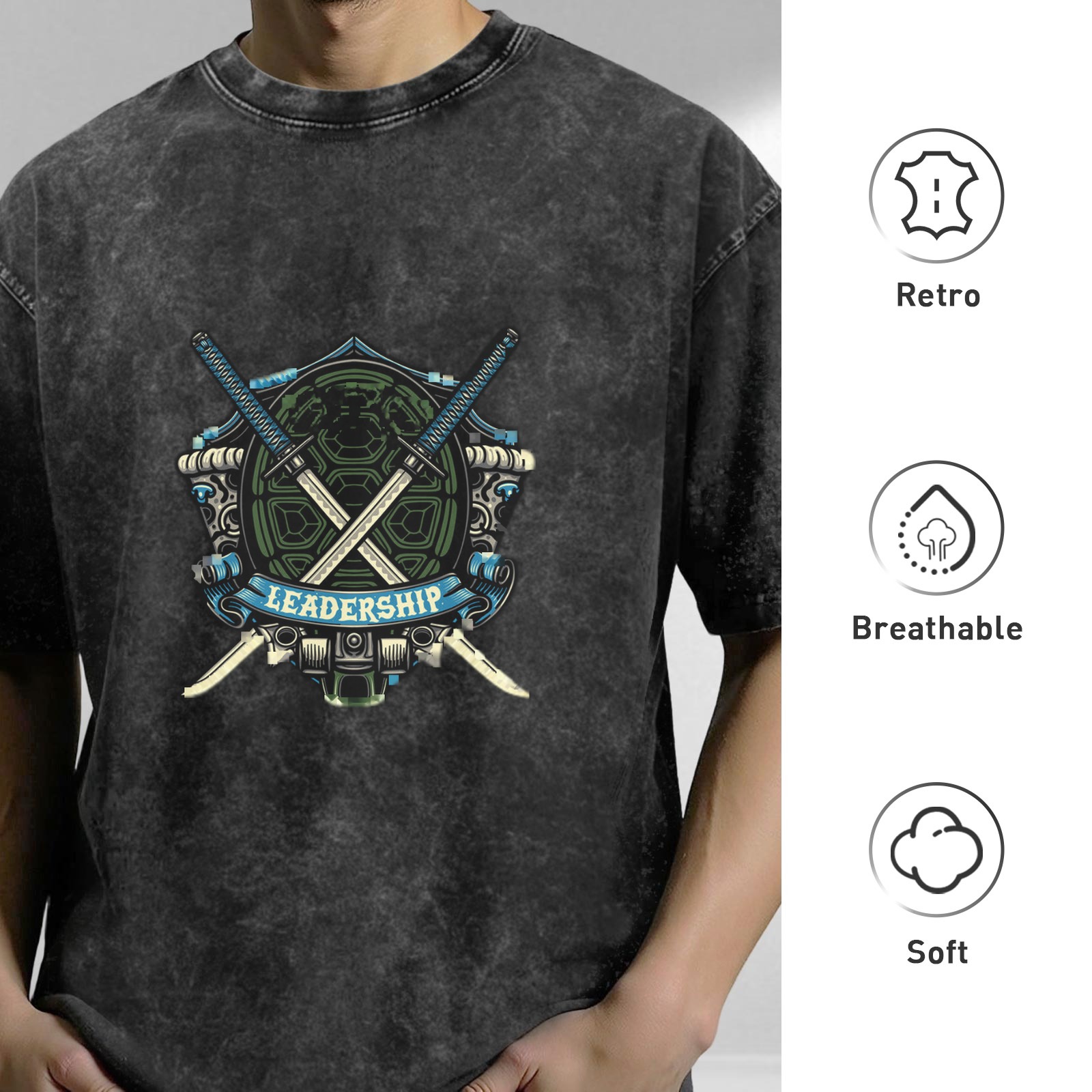 Oversized Dark Wash T-Shirt With Ninja Turtle Leadership Crest Print