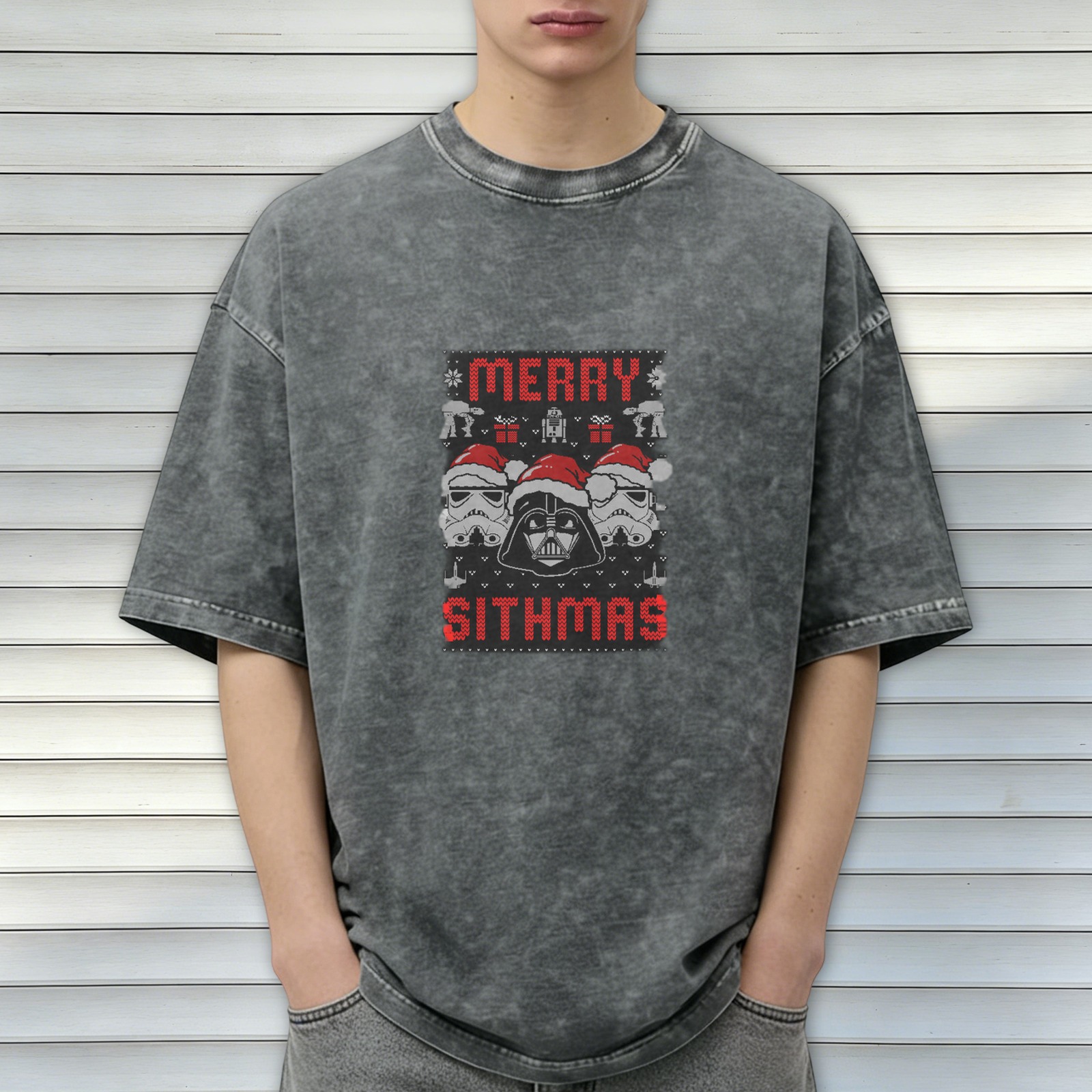 Star Wars Merry Sithmas Ugly Christmas Design Acid Wash Oversized T-Shirt