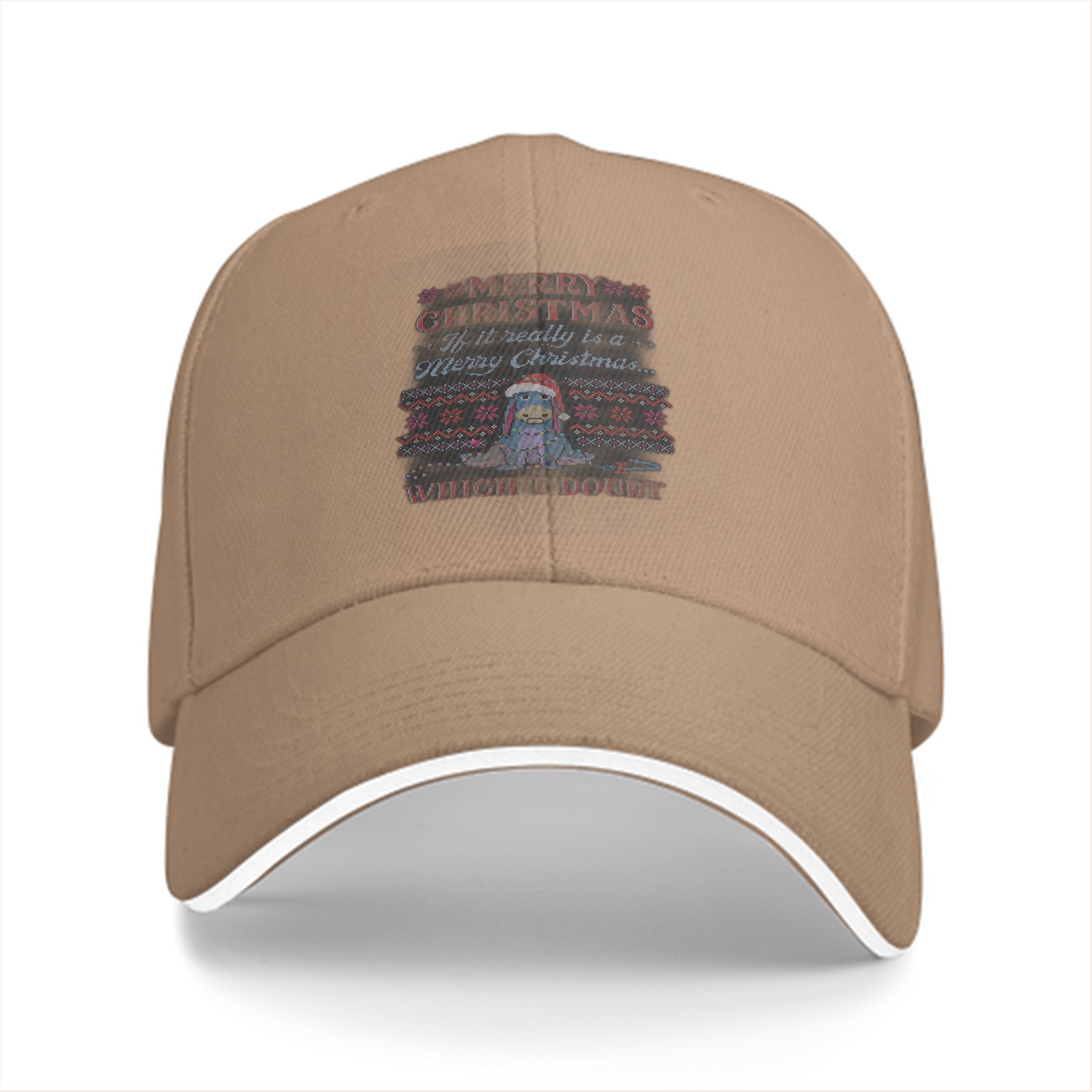 Black baseball cap with skeptical Eeyore Christmas print