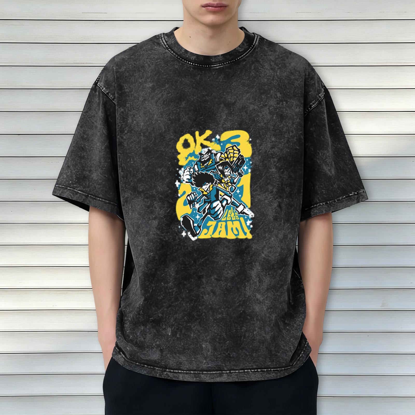 Distressed washed black loose short-sleeved T-shirt with cartoon animation style pattern and the words 