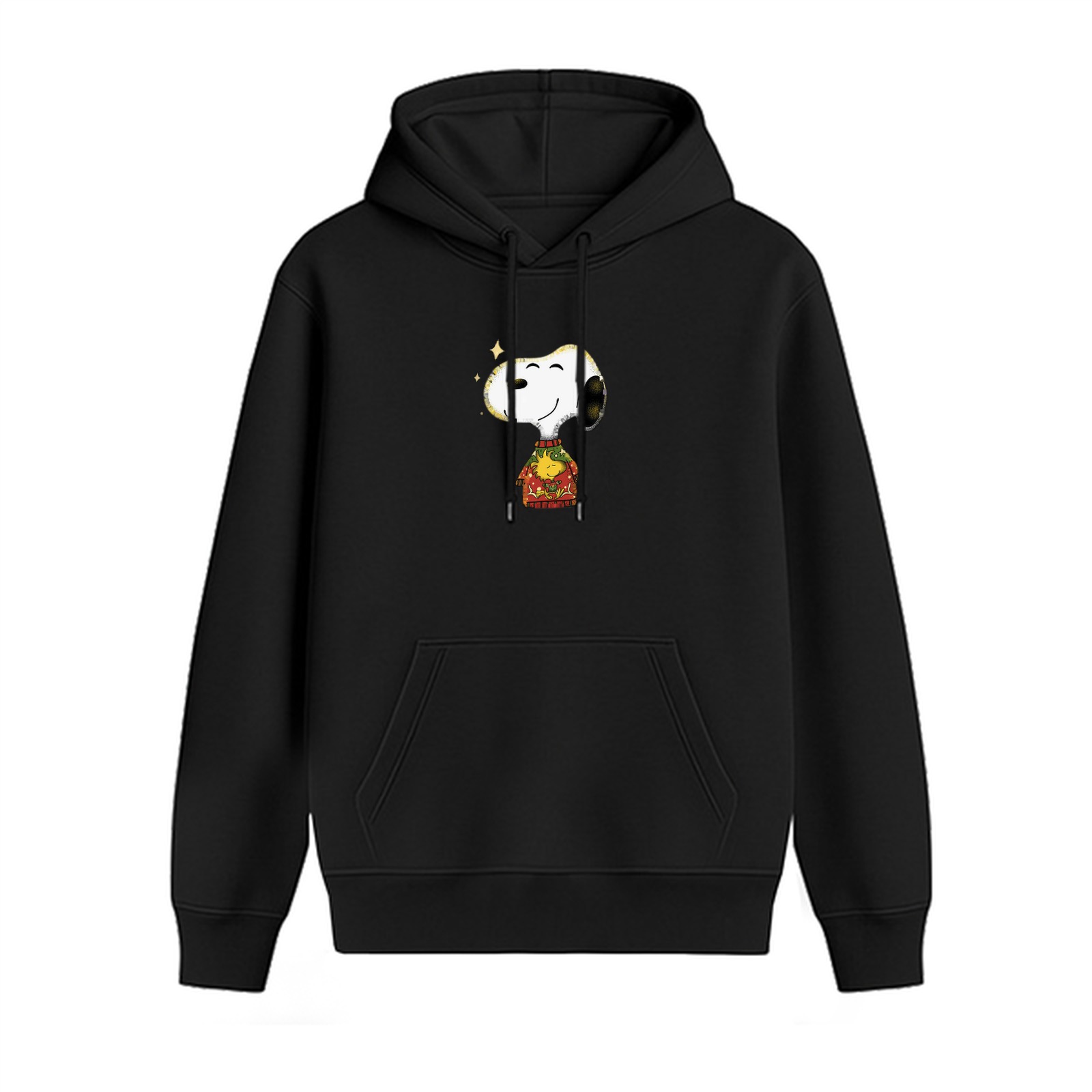 Black hoodie with Snoopy and Woodstock festive graphic