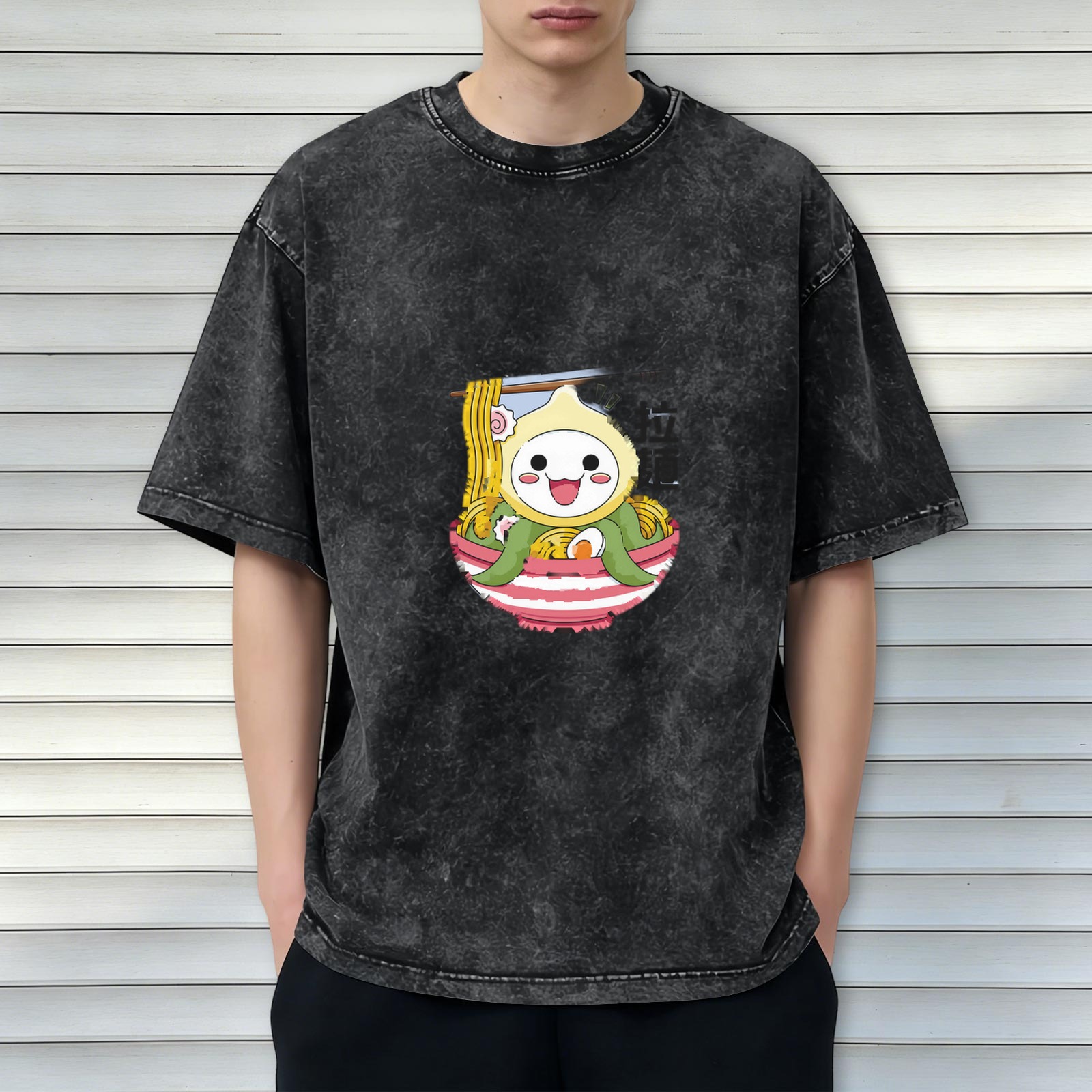 oversized acid wash t-shirt with cute octopus ramen graphic