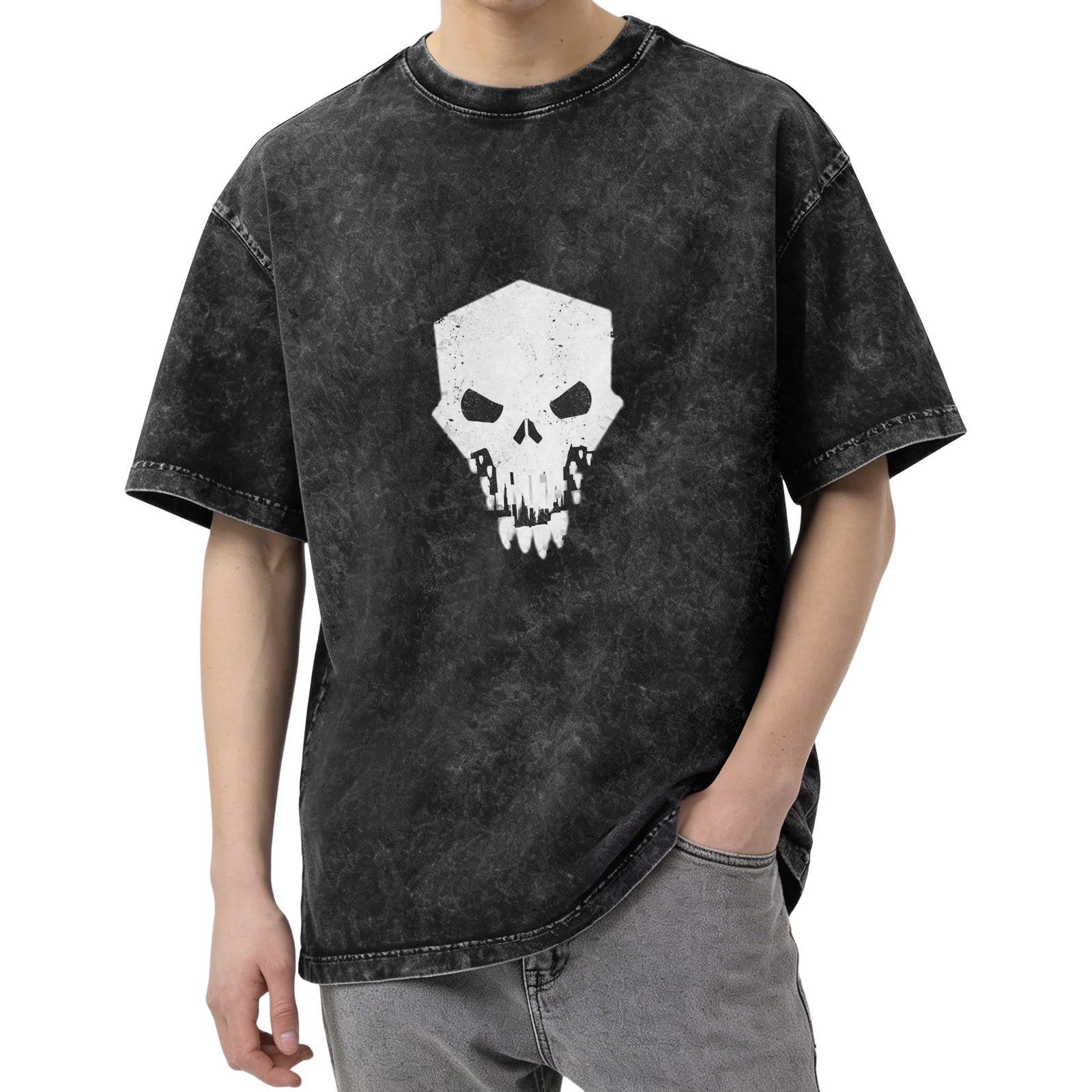 Oversized Acid Wash T-Shirt With Geometric Skull Graphic