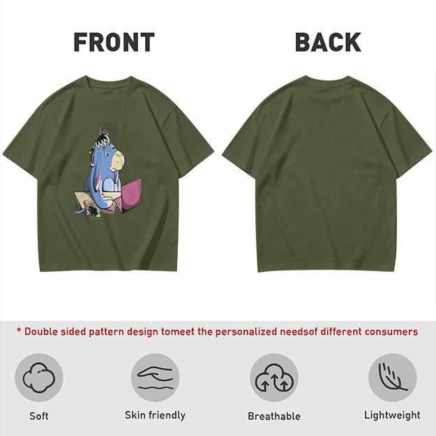 Olive T-Shirt Featuring Eeyore Using a Laptop