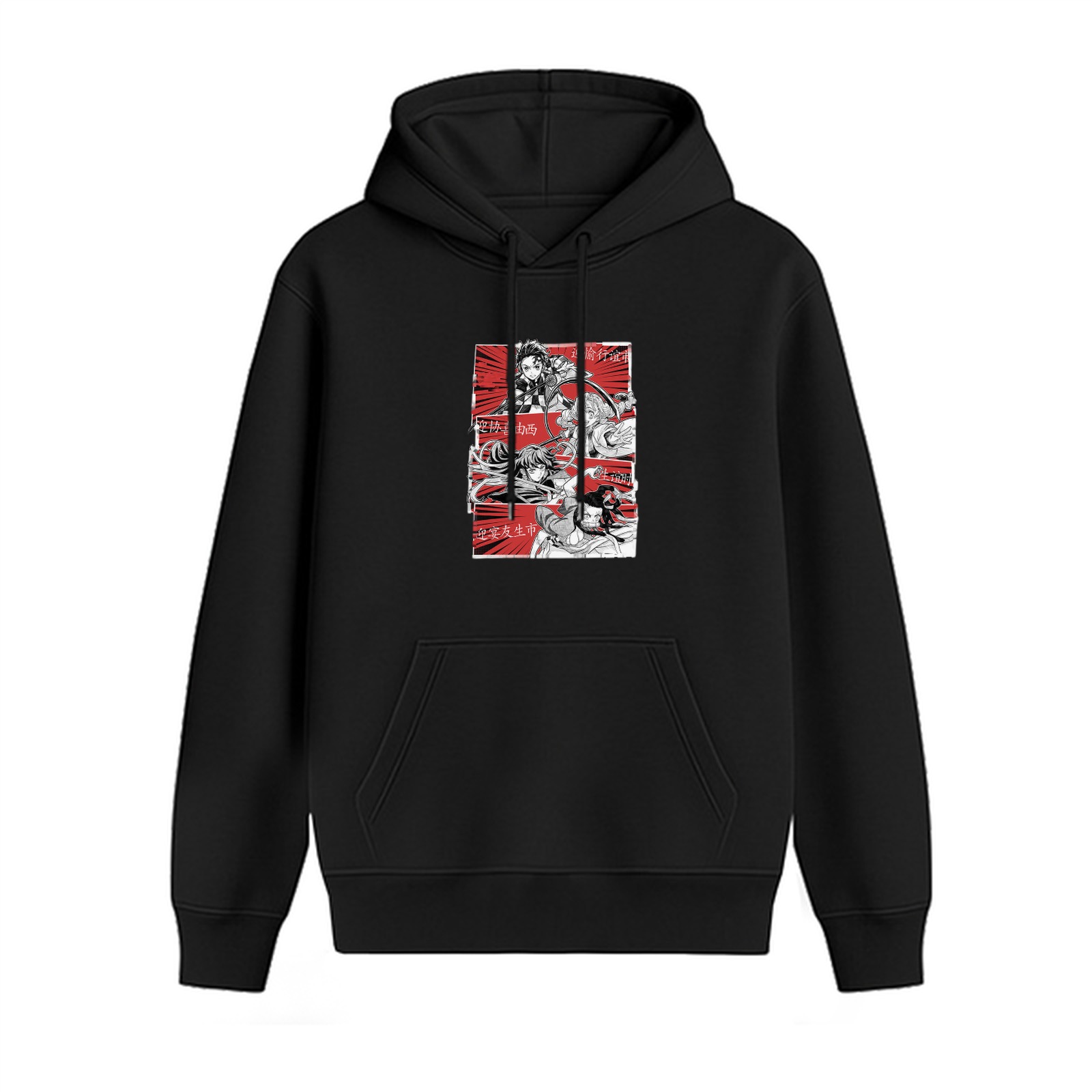 Black anime graphic hoodie with manga-style character print