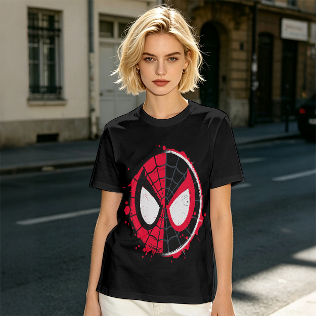 Olive T-Shirt with Split Spider-Man Mask Graphic