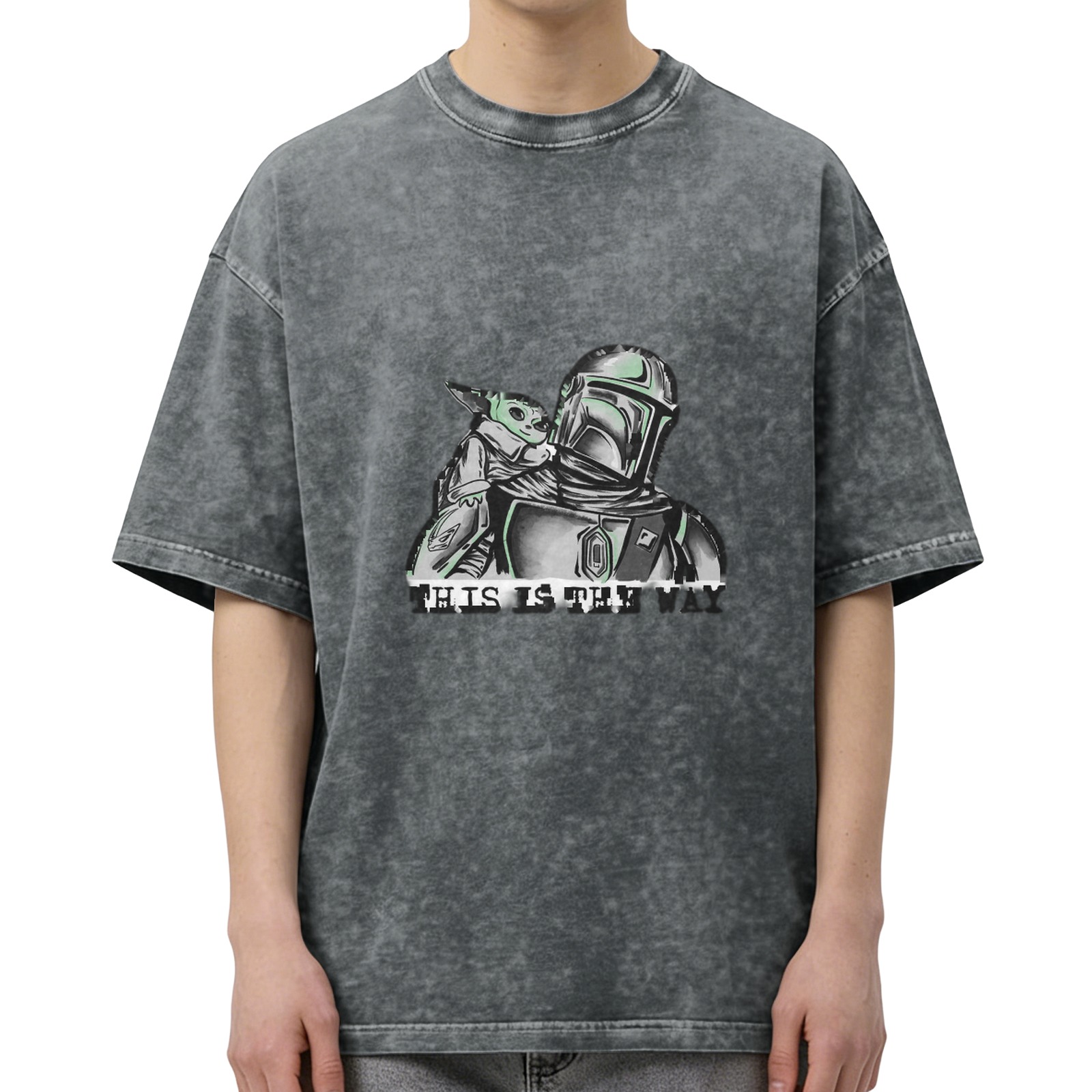 Washed Cotton T-Shirt with Mandalorian and Child Graphic