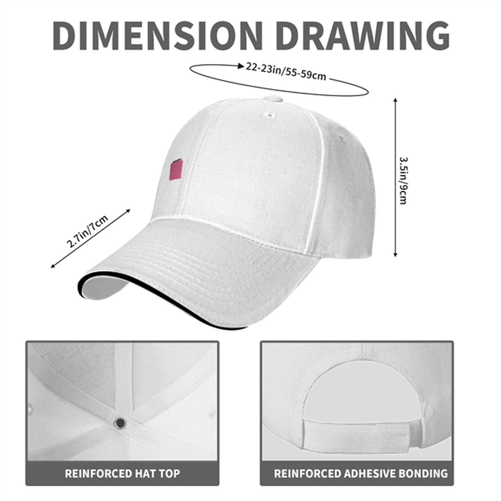 Black Baseball Cap With Small Pink Square Smiley Graphic