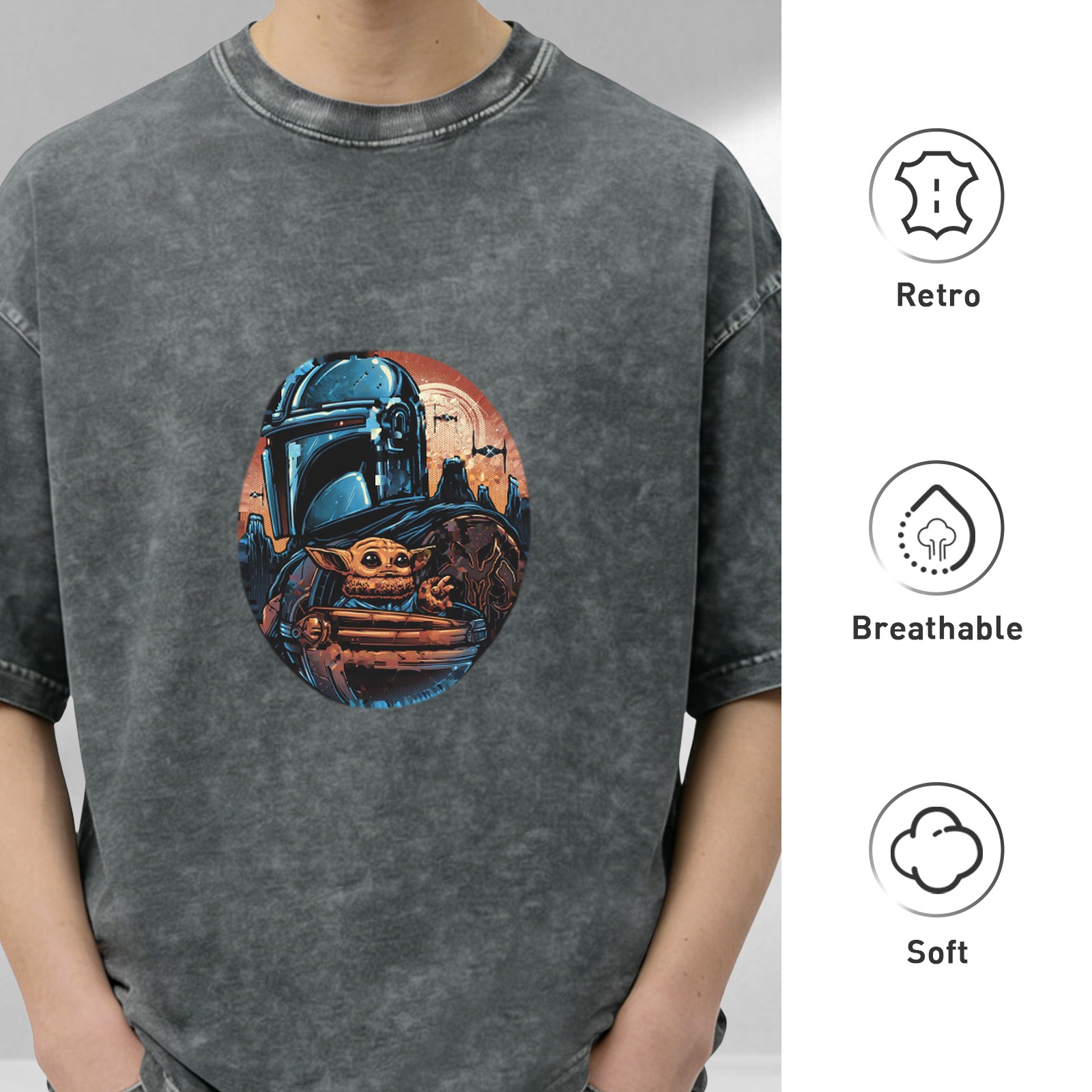 Star Wars The Mandalorian and Grogu Graphic Black Wash T-Shirt