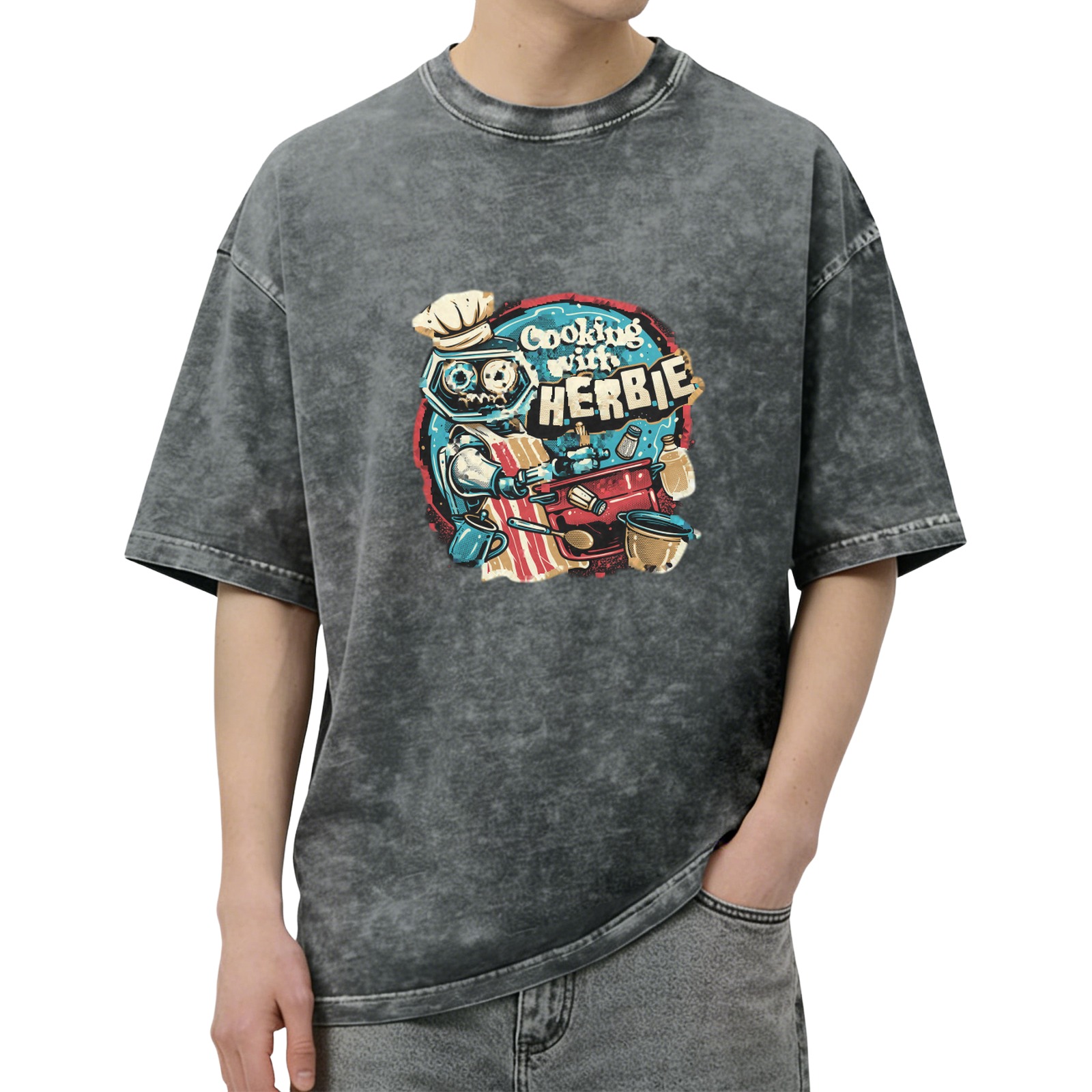 Oversized Washed Black T-Shirt with Cooking Robot Graphic