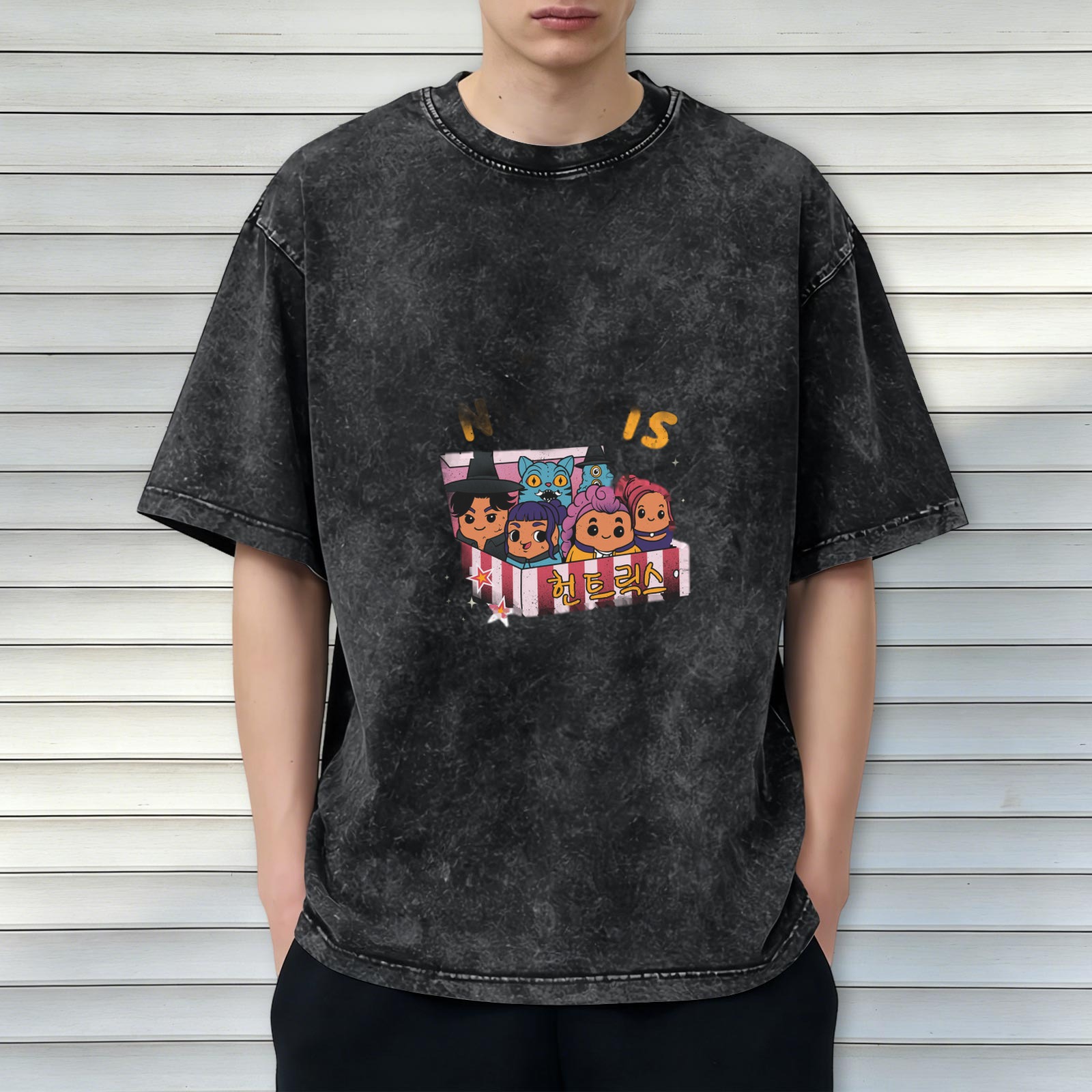 Oversized Black Acid Wash T-Shirt With Cute Cartoon Character Graphic