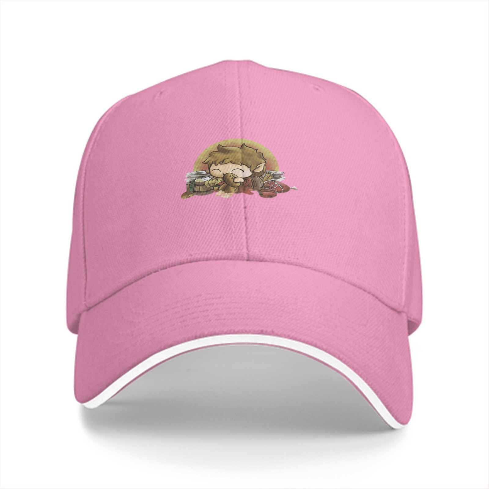 Black baseball cap with cute hobbit and treasure graphic