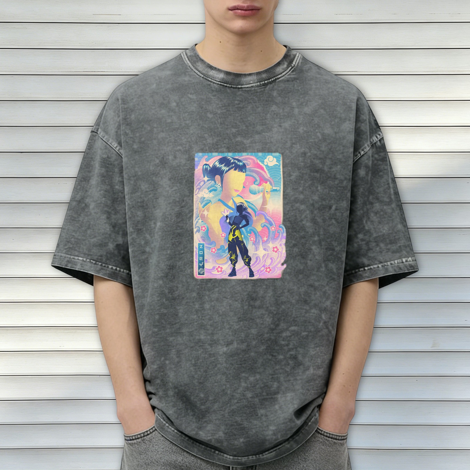 Oversized Acid Wash T-Shirt with Anime Singer Graphic Print