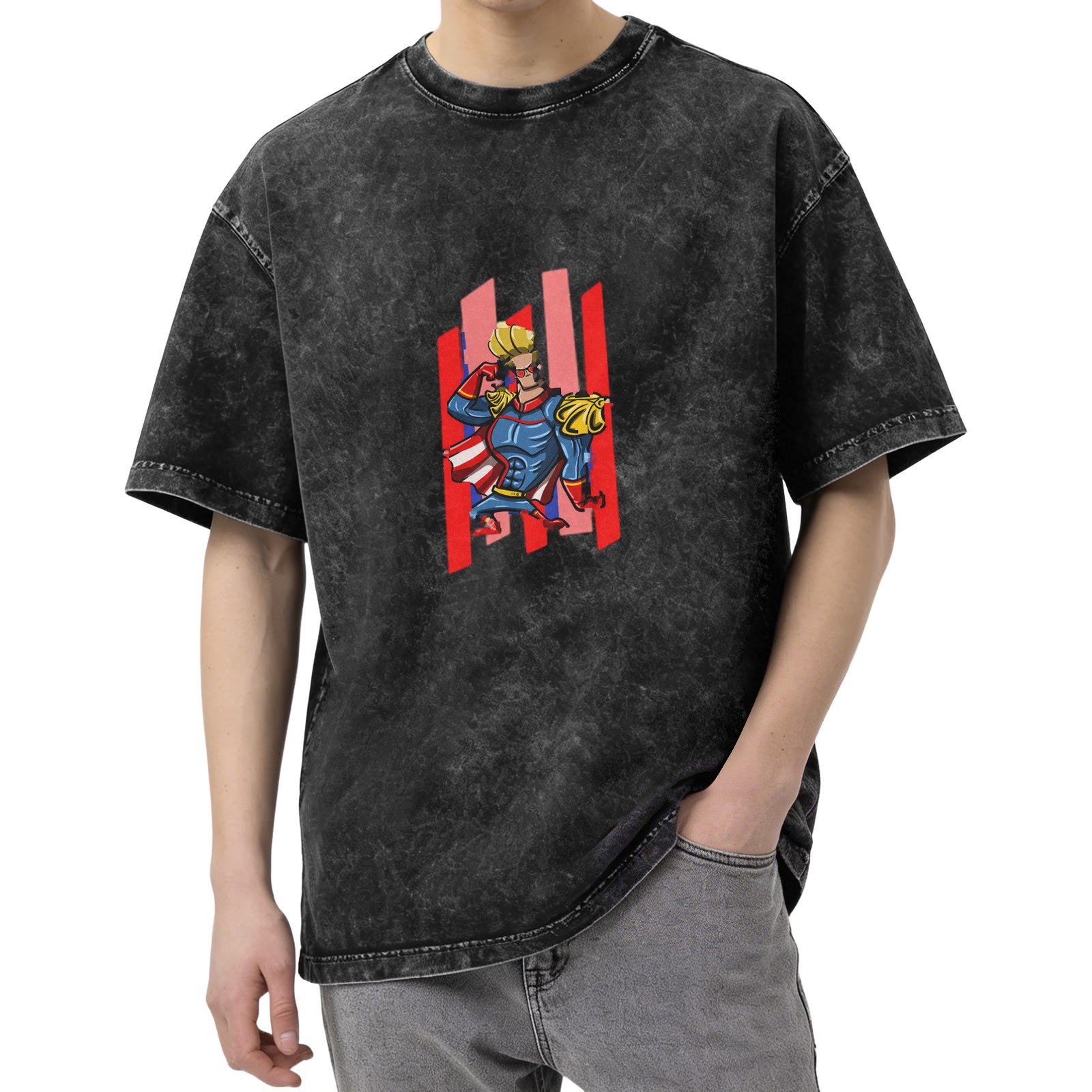 Oversized Acid Wash T-Shirt With Cartoon Superhero Graphic