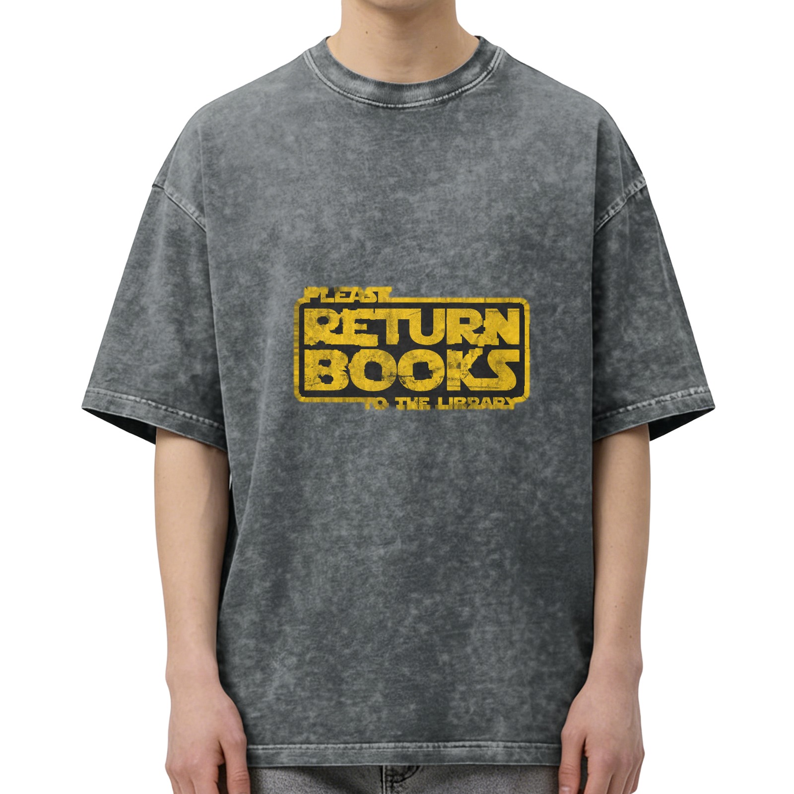 Washed Black T-Shirt With Star Wars Style Return Books Library Text