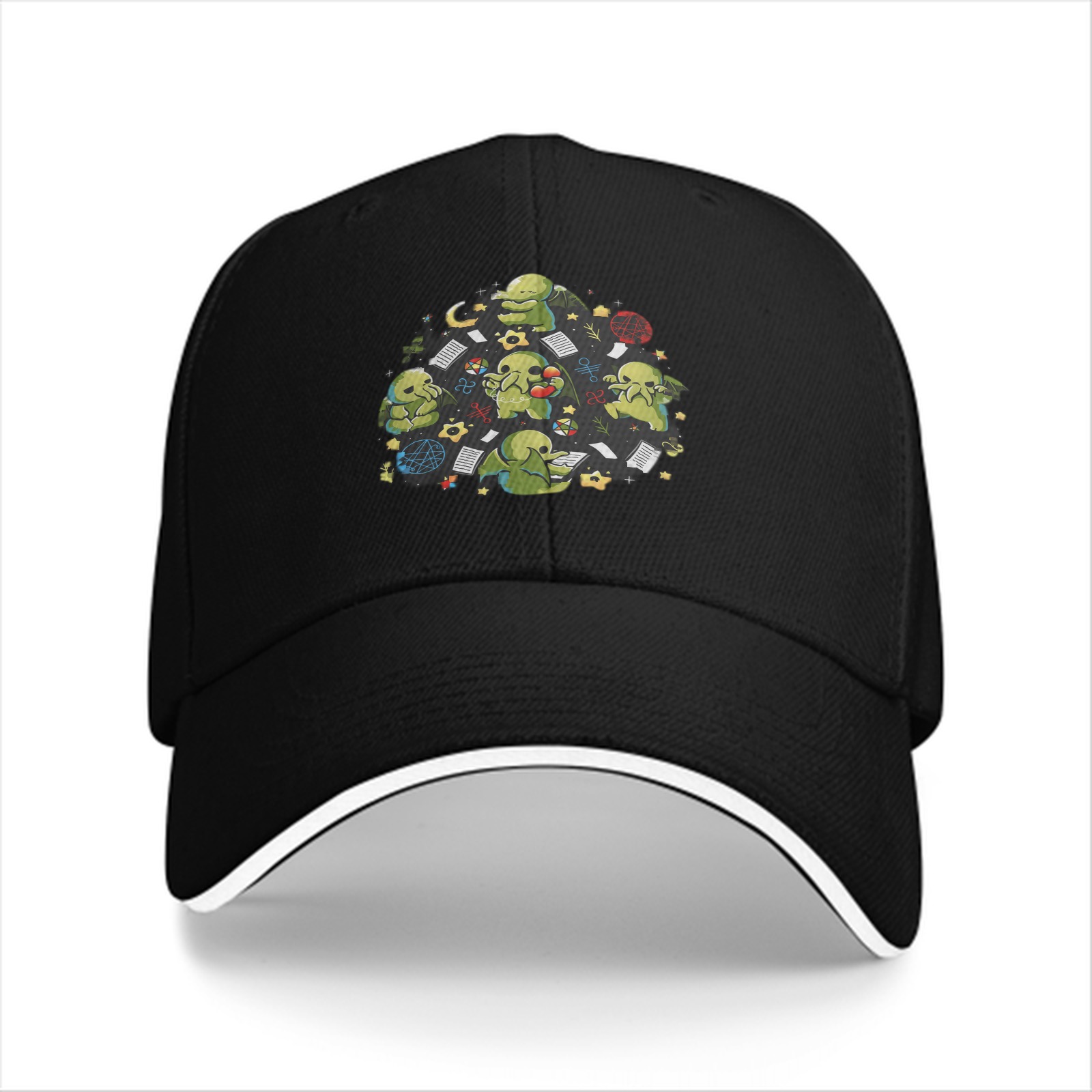 Black Baseball Cap With Cute Cthulhu Themed Print