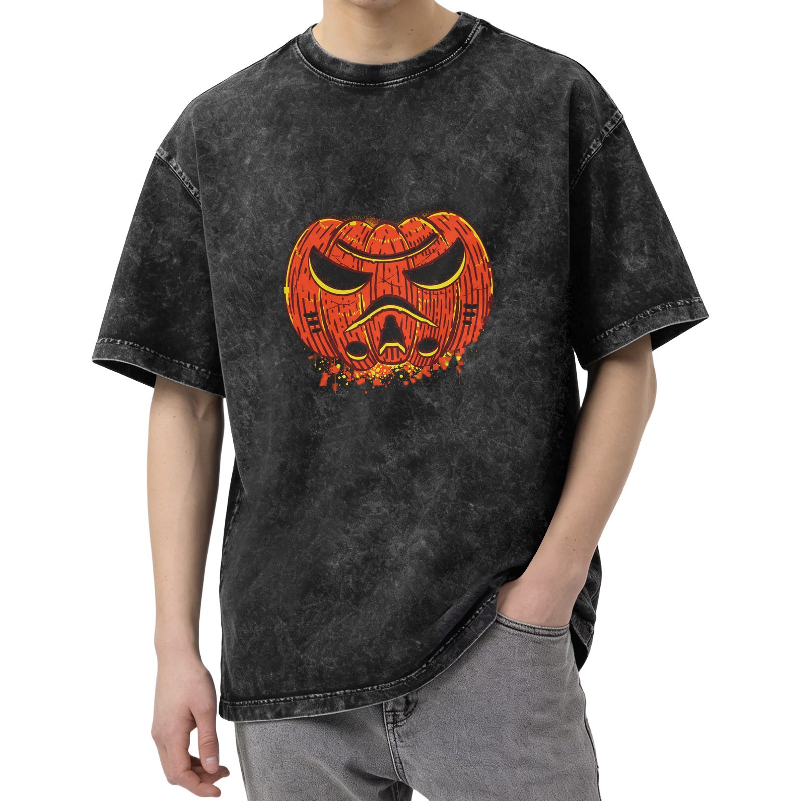 Oversized Dark Wash T-Shirt With Angry Pumpkin Jack-O'-Lantern Print